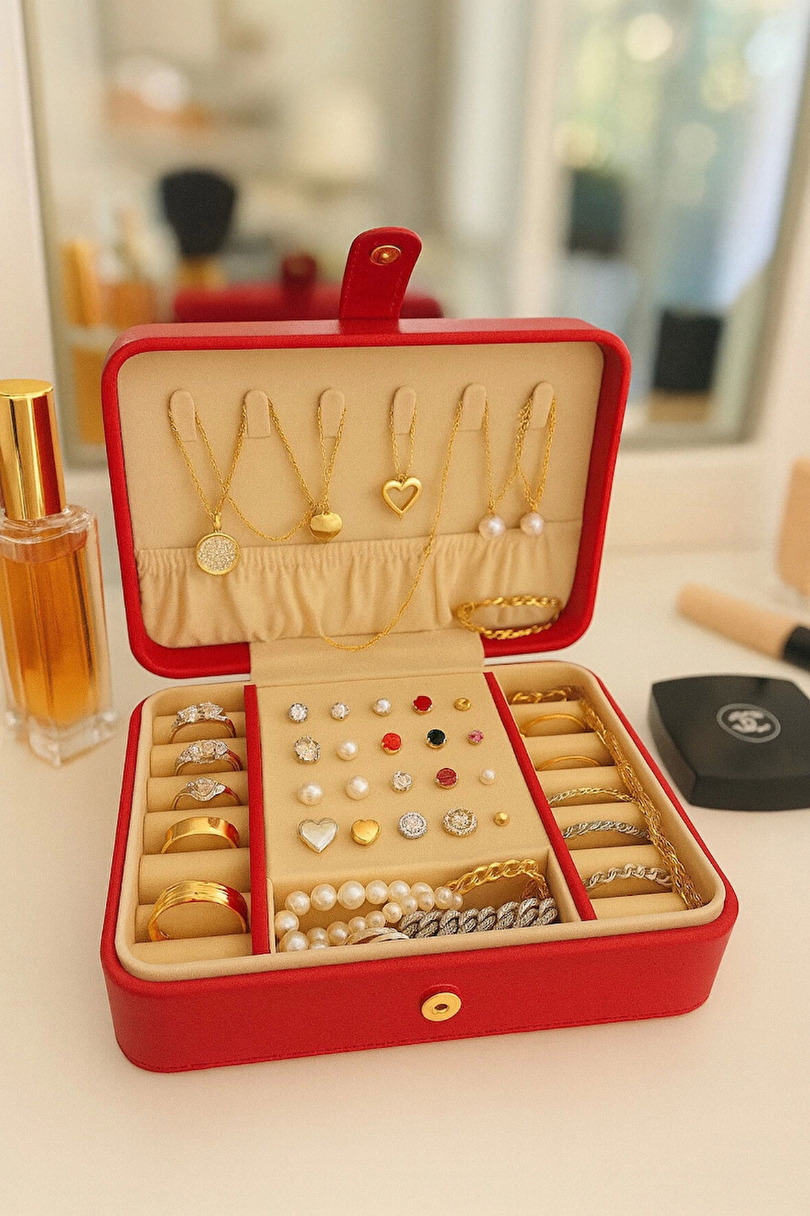 Deri Baklava Desenli Seyahat Takı Bijuteri Mücevher Kutusu Organizer Düzenleyici 16cm Kırmızı İthal Ürün