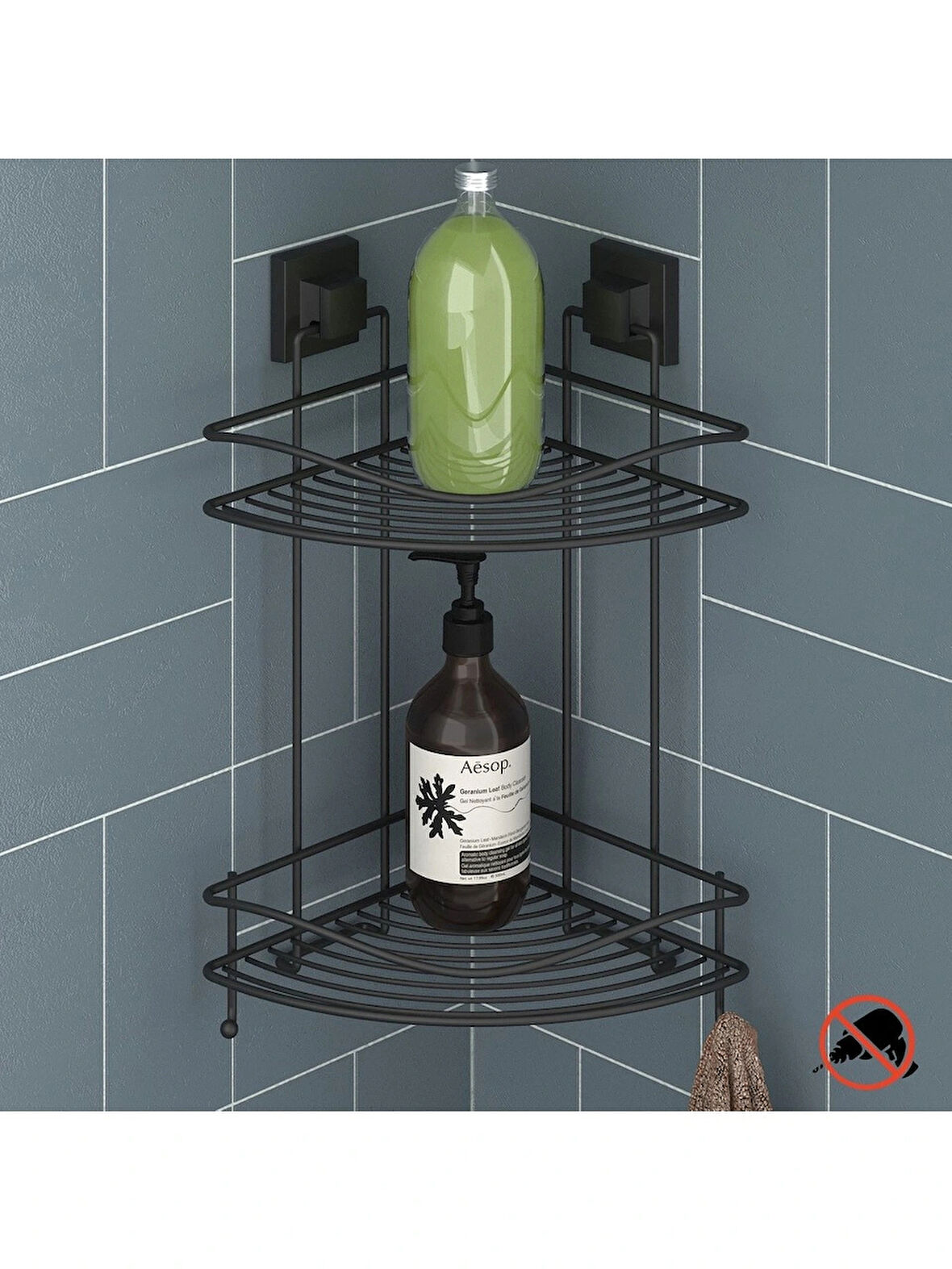 Banyo Köşe Rafı Kendinden Yapışkanlı 2 Katlı Kancalı Easyfix Siyah