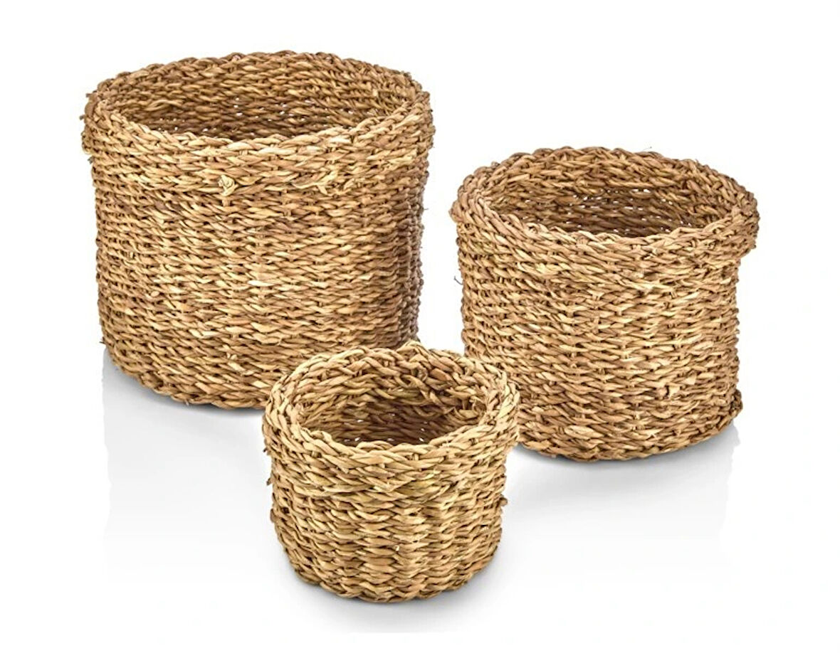 Dekoratif Natural Yuvarlak Düzenleyici Hasır Sepet Saksılık 3 lü Set CL-13055