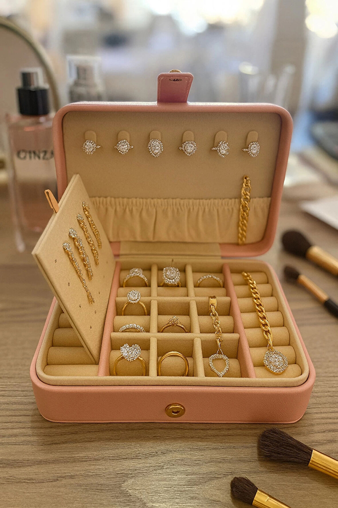 Deri Baklava Desenli Seyahat Takı Bijuteri Mücevher Kutusu Organizer Düzenleyici 16cm Pembe İthal Ürün