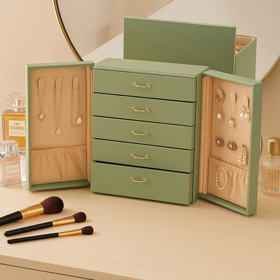 Dışı Deri İçi Kadife 5 Çekmeceli Takı Bijuteri Mücevher Kutusu Organizer Düzenleyici Yeşil İthal Ürün