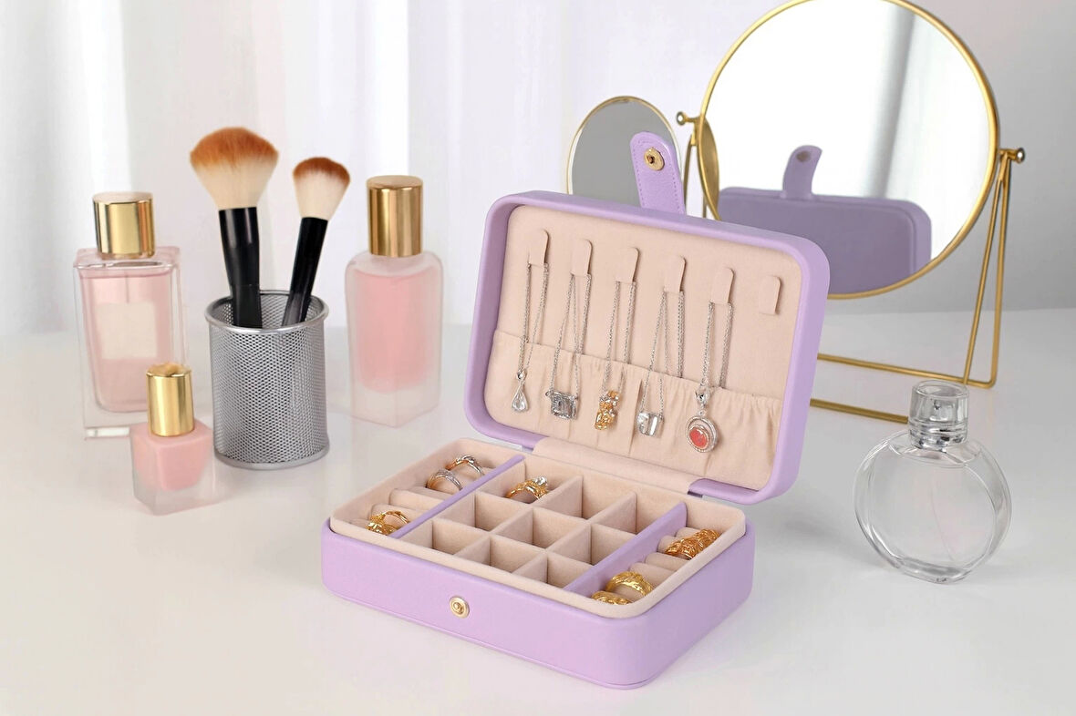 Deri Baklava Desenli Seyahat Takı Bijuteri Mücevher Kutusu Organizer Düzenleyici 16cm Lila İthal Ürün