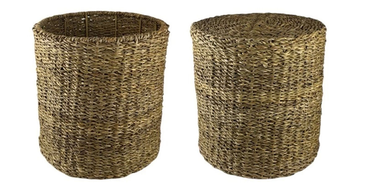 Dekoratif Yuvarlak Natural Hasır Jüt Puf- Oyuncak Kutusu 40x40cm