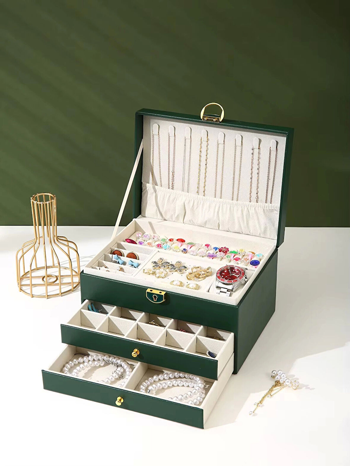 Dışı Deri İçi Kadife Kilitli 2 Çekmeceli Takı Bijuteri Mücevher Kutusu Organizer Düzenleyici Yeşil İthal Ürün