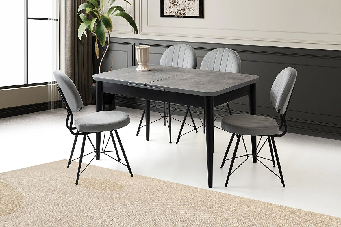Ortadan Açılır Büyüyen 60x100cm Gümüş Gri Ahşap Salon Yemek Masa Gri Sandalye Takımı 4 Sandalyeli