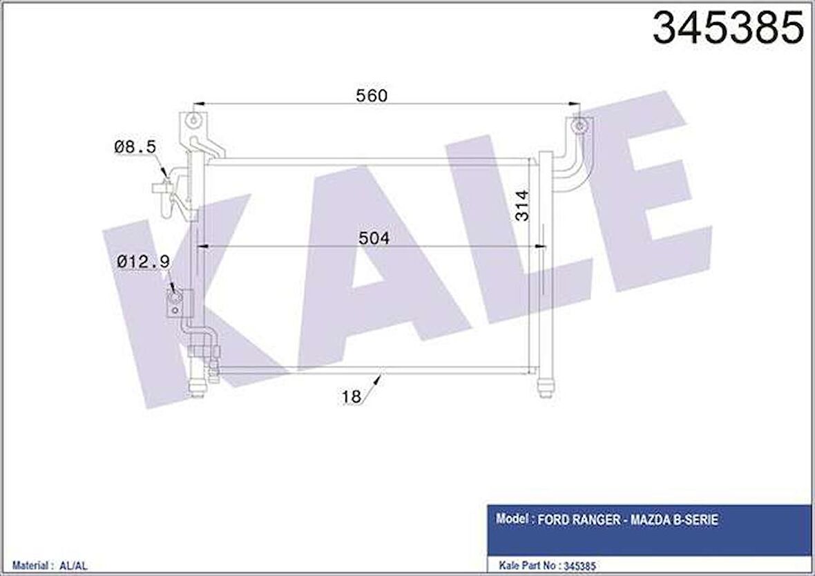 KLIMA RADYATORU RANGER 2.5D/2.5TD 98-06 MAZDA B2500 SERIE 2.5D/2.5TD 98-06 KALE 345385