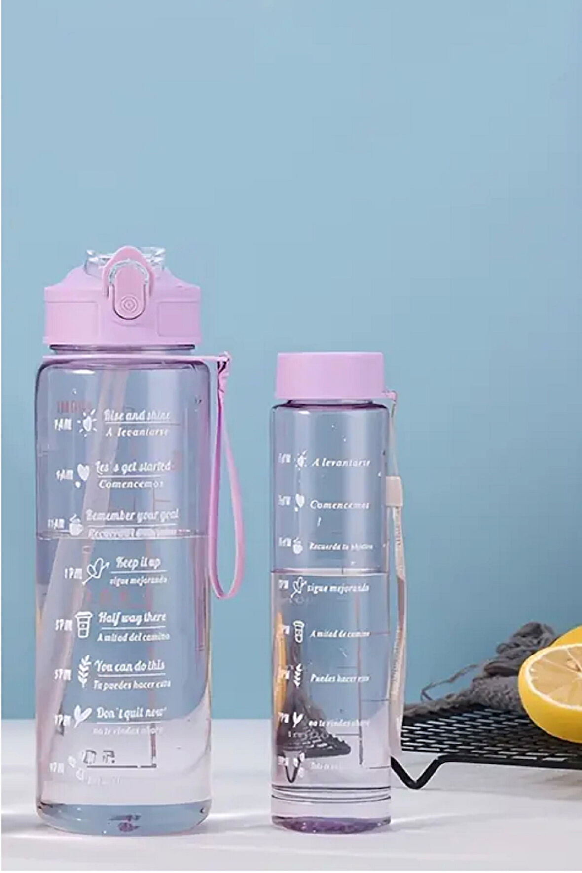 2'li Motivasyonel Su Matarası Tritan Sporcu Su Şişesi Suluk Stickerlı Pipetli Suluk 900+500ml
