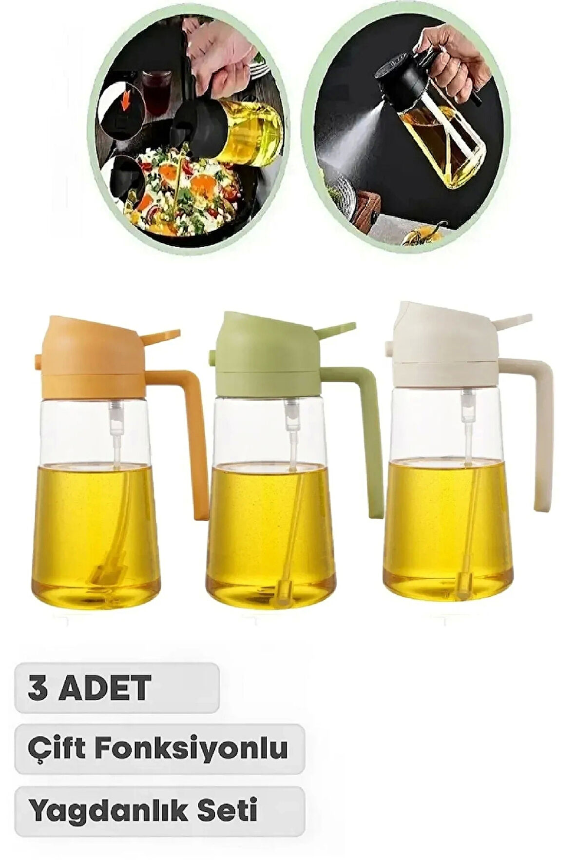 3 Adet Çift Fonksiyonlu Yağdanlık 550 ml Zeytinyağı Sıvıyağ Cam Şişe Sprey Airfryer Yağlık Sirkelik