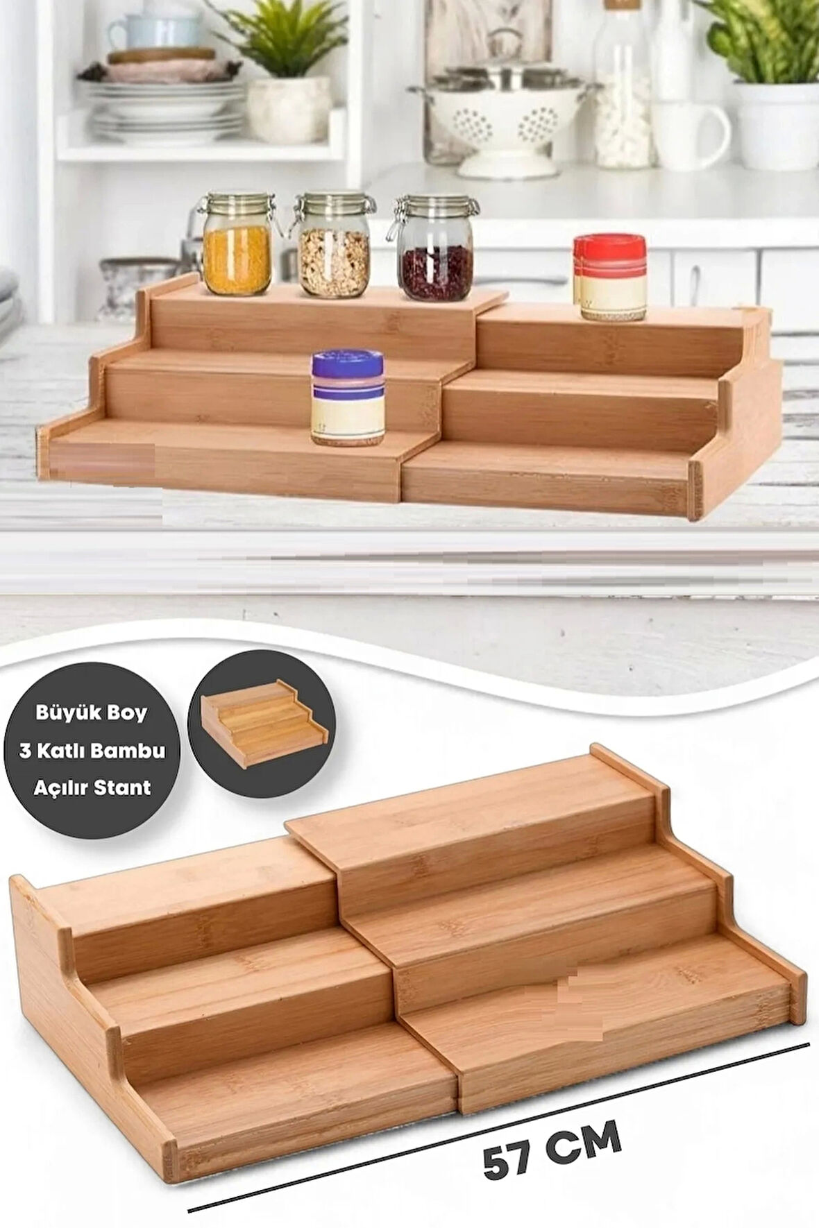 3 Katlı Açılır Büyük Boy Bambu Stand Organizer Tezgahüstü Baharatlık Düzenleyici Mutfak Rafı 57cm