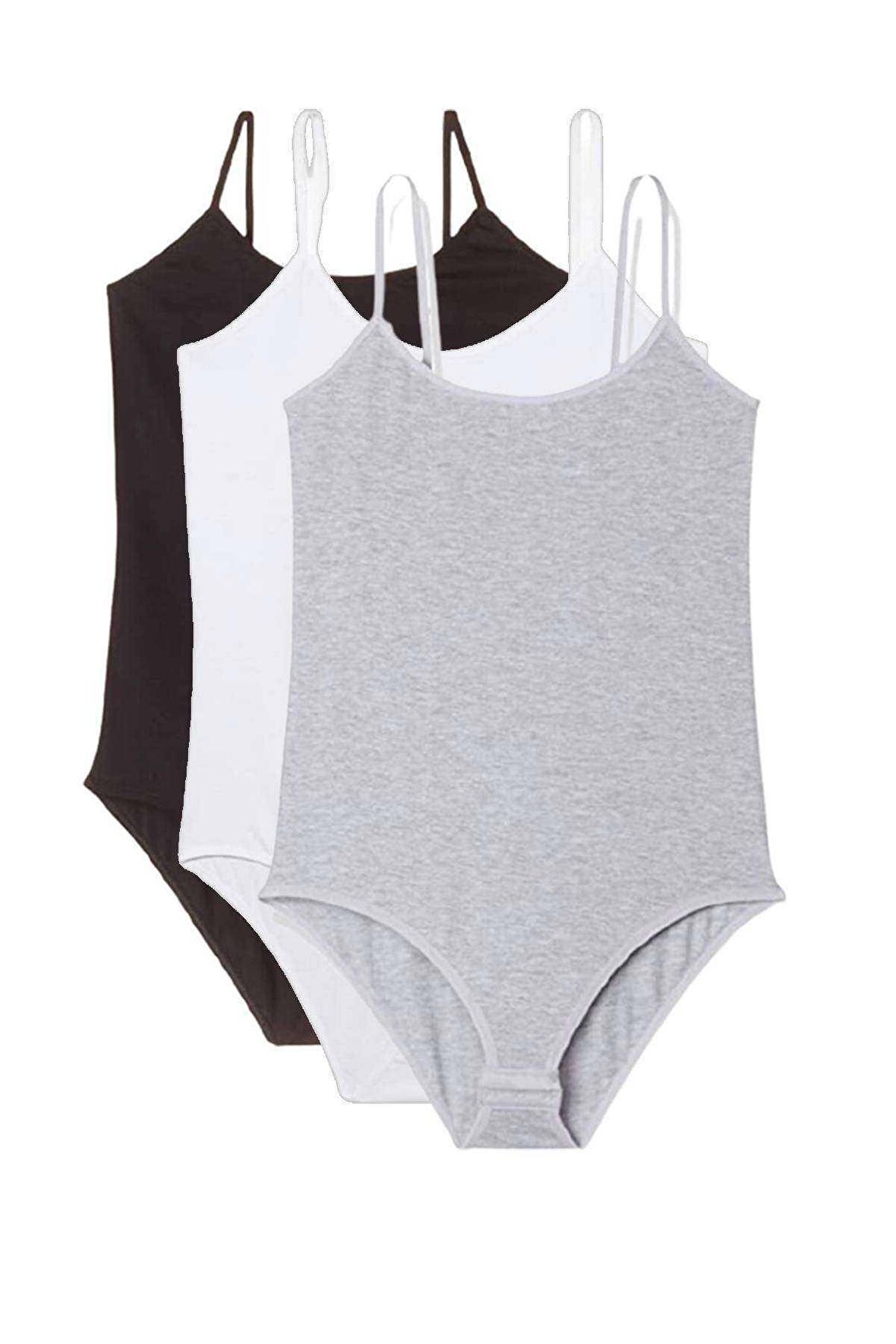 3 Adet İp Askılı Kadın Çıtçıtlı Body Siyah Beyaz Gri