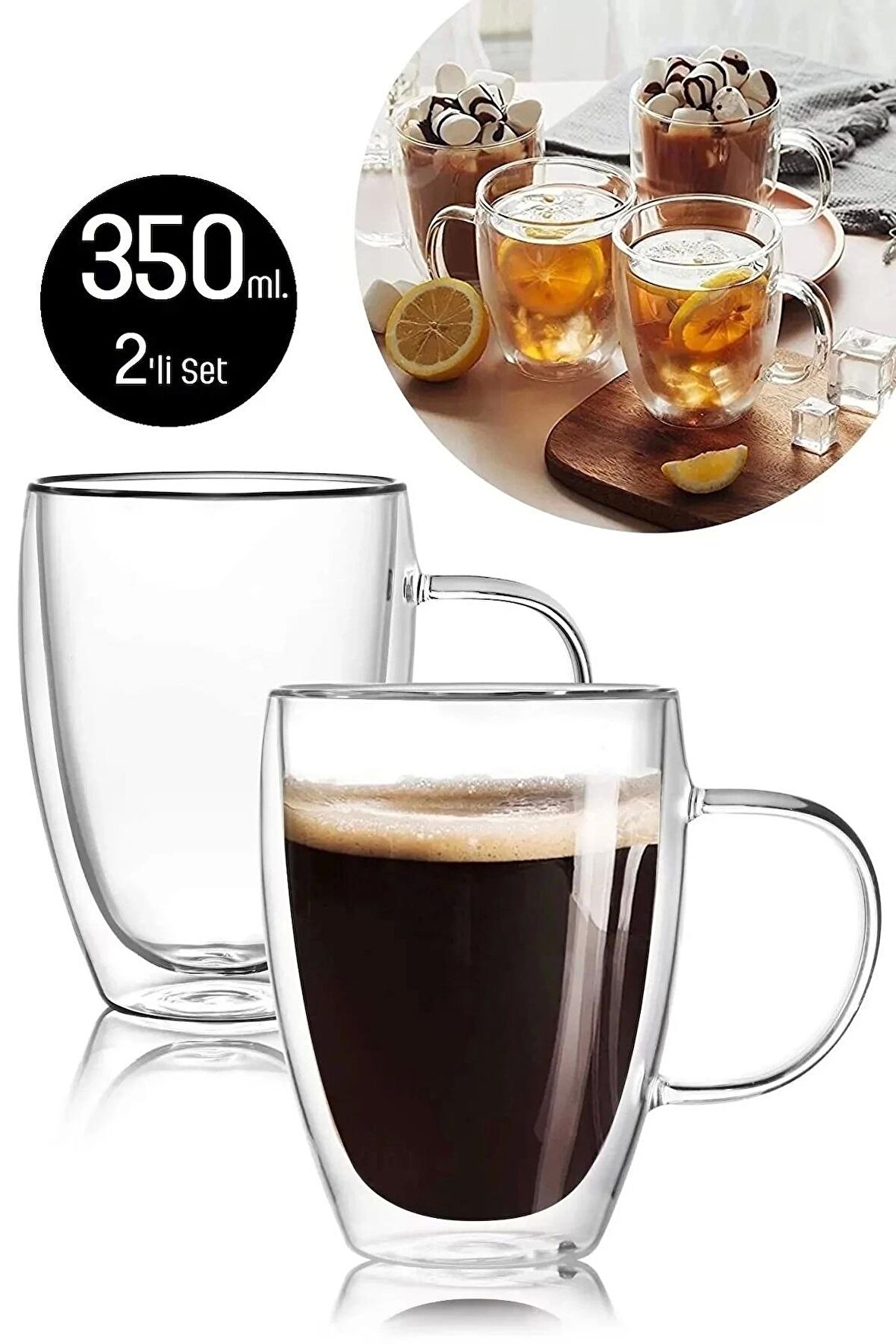 Çift Cidarlı Bardak Kupa 350 Ml Ev Ofis Espresso Kahve Çay Fincanı Borosilikat Kulplu