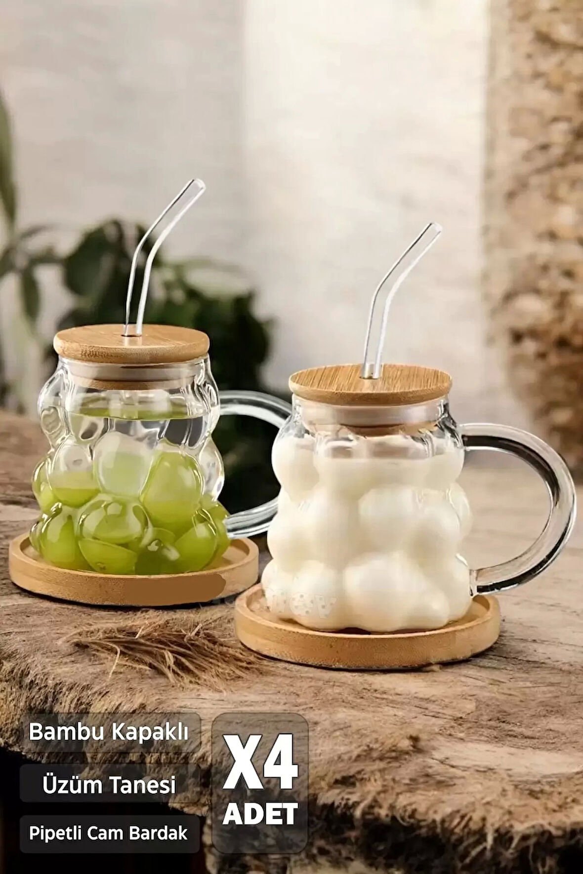 4'lü Bambu Kapaklı Üzüm Boncuk Bardak Isıya Dayanıklı Cam Pipetli Kahve Sunum Bardağı