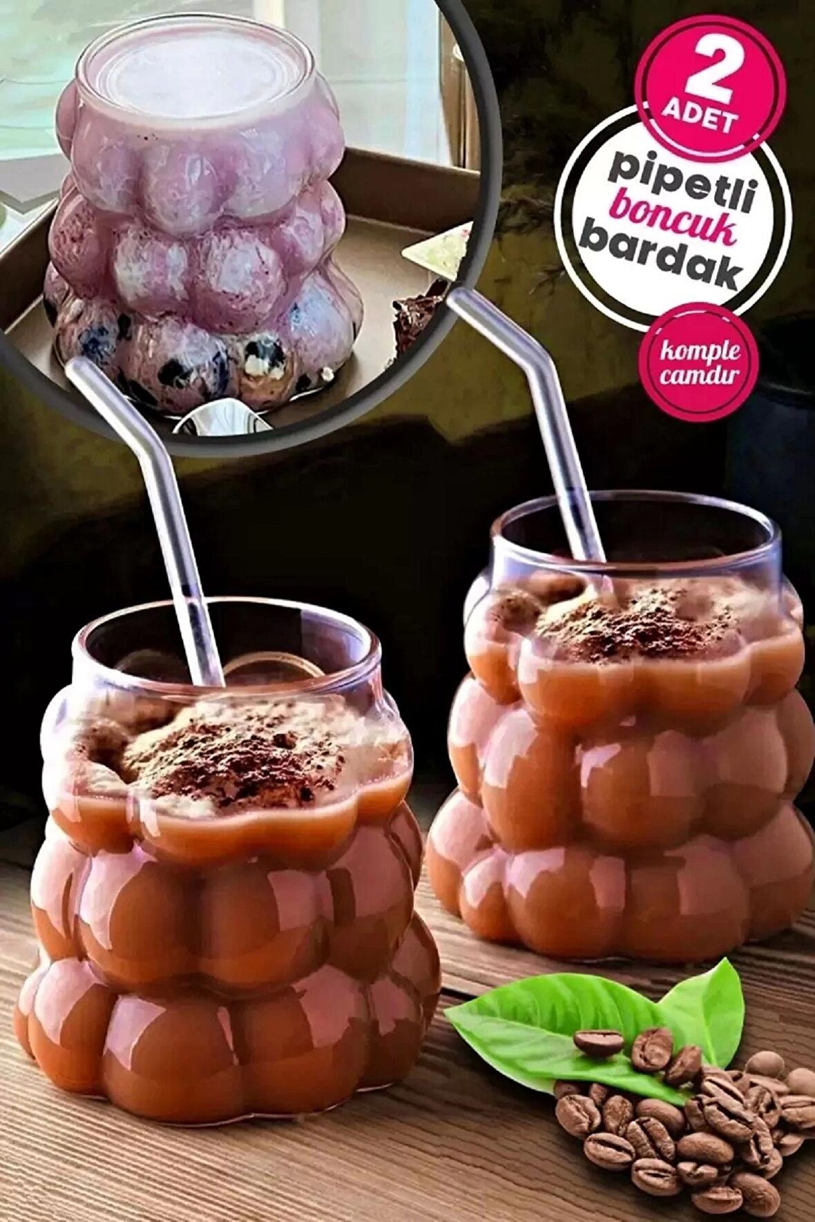 2li Boncuklu Pipetli Cam Bardak Üzüm Deseni 350 ML Meşrubat Su Kahve Sunum Bardağı Seti