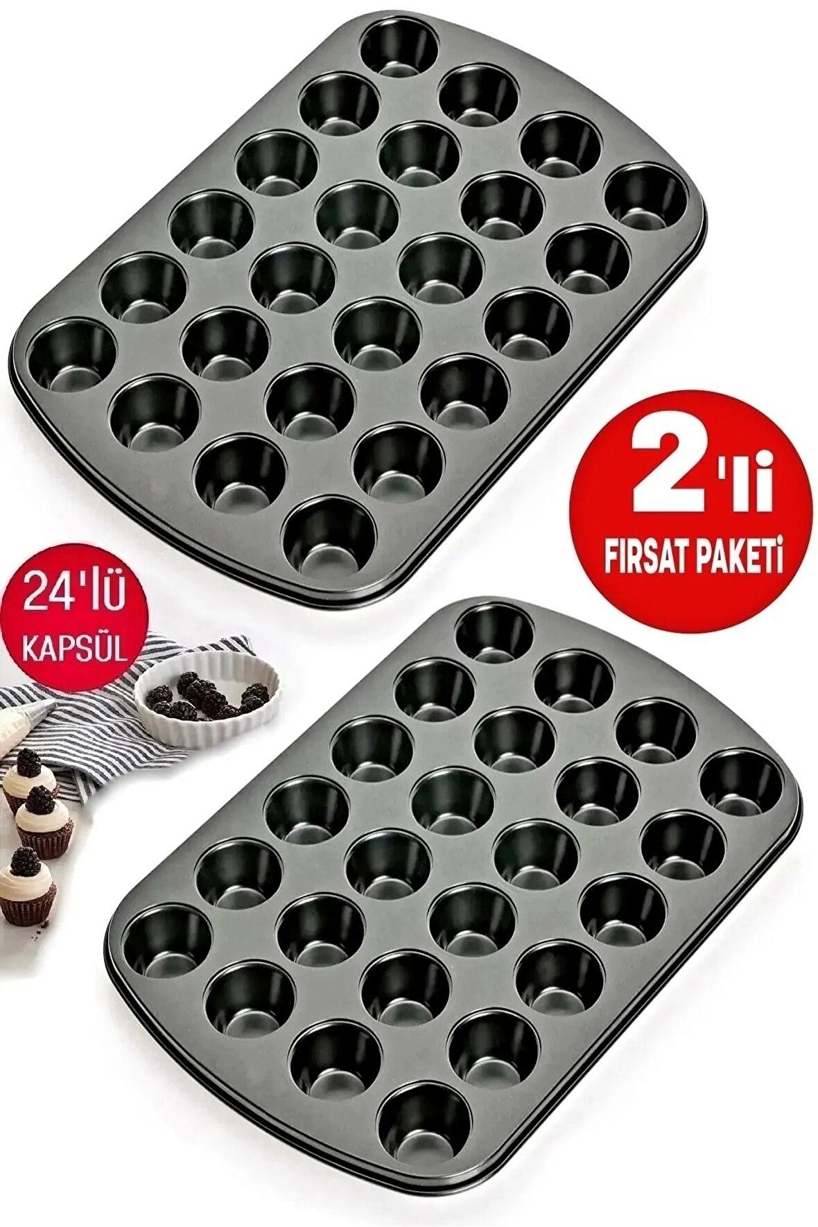 Muffin Kalıbı 24'lü Mini Cupcake Fırın Kapsülü Kek Browni Kekstra Kurabiye Kalıbı Muffin Baking Pan Extra Dayanıklı Yanmaz Yapışmaz Muffin