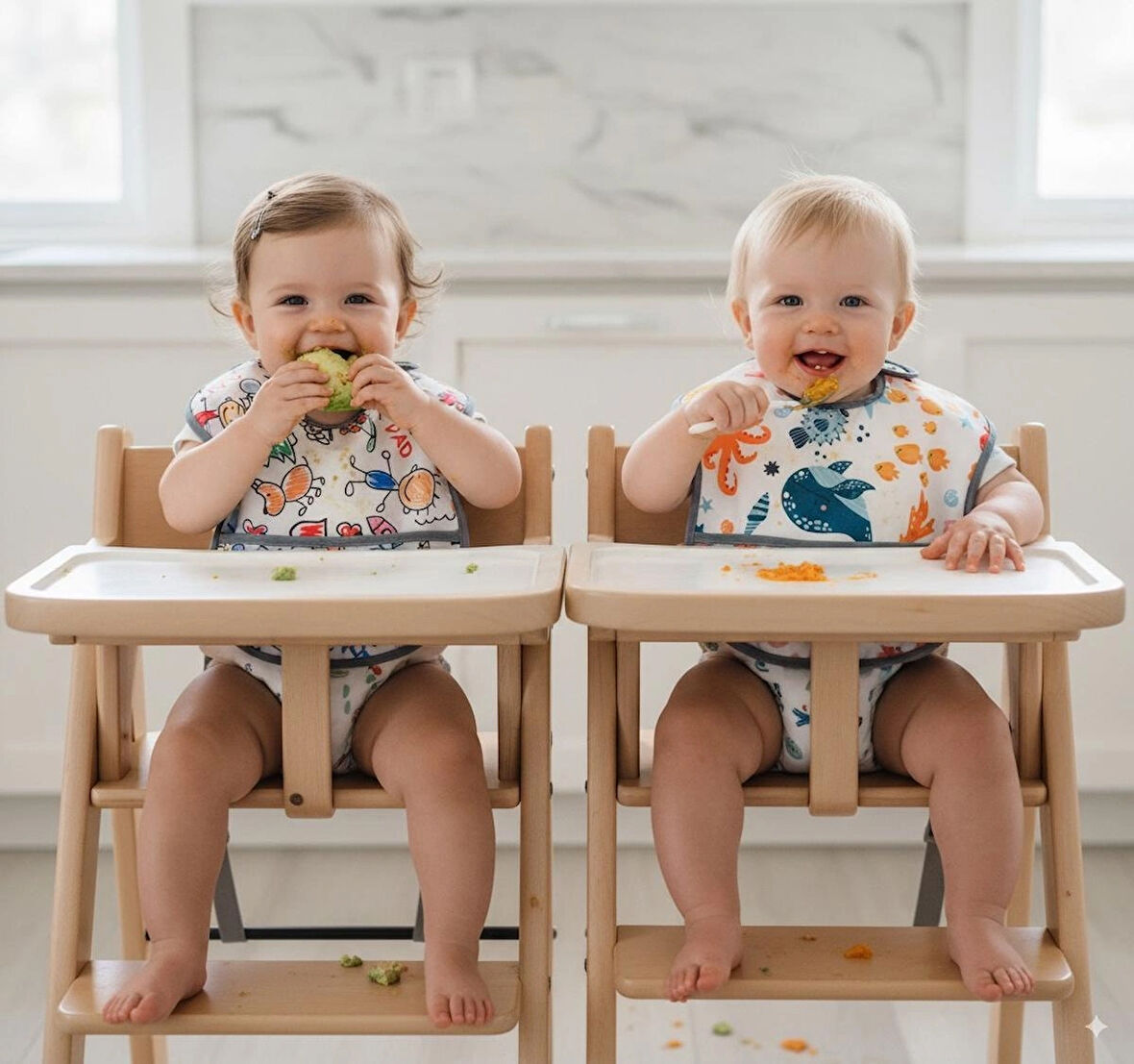 Yorni , 2 Adet, Ekonomik Set, 6-24AY, Family ve Sea Desen, Sıvı Geçirmeyen, Cepli, Cırtlı Mama Önlüğü, Önlük