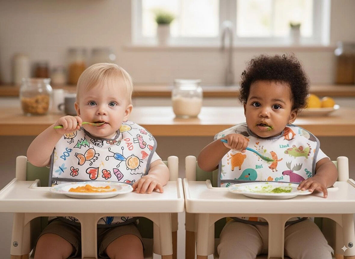 Yorni , 2 Adet, Ekonomik Set, 6-24AY, Zoo ve Family Desen, Sıvı Geçirmeyen, Cepli, Cırtlı Mama Önlüğü, Önlük