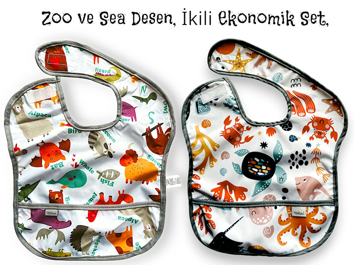 Yorni, 2 ADET, Ekonomik SET, 6-24ay, Zoo ve Sea Desen, Sıvı Geçirmeyen, Cepli, Cırtlı Mama Önlüğü, Önlük