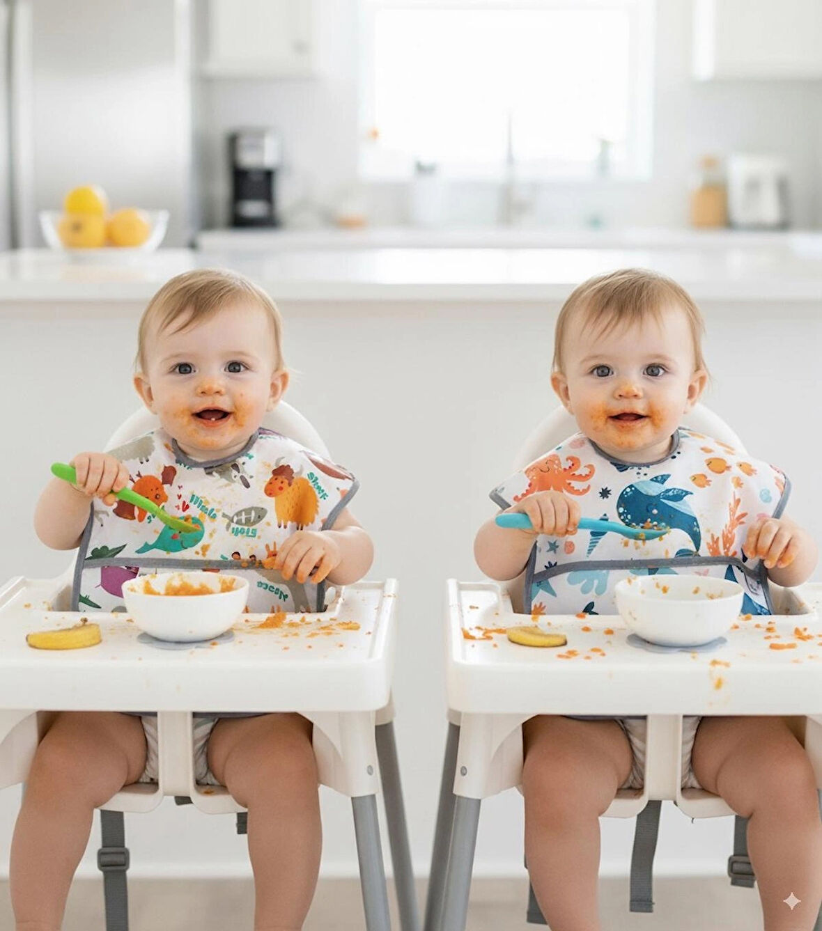 Yorni, 2 ADET, Ekonomik SET, 6-24ay, Zoo ve Sea Desen, Sıvı Geçirmeyen, Cepli, Cırtlı Mama Önlüğü, Önlük