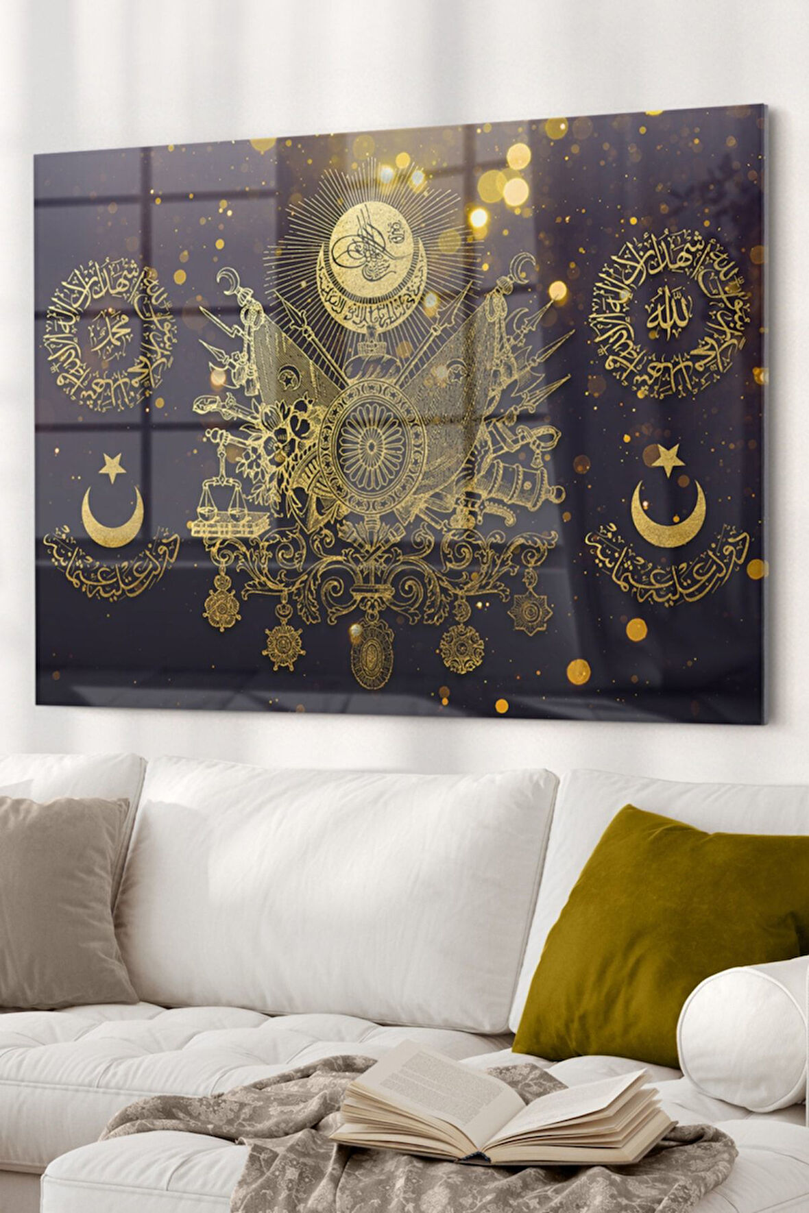 Gold Detaylı Osmanlı Tuğrası Allah Muhammed | Osmanlı Temalı Dekoratif ve Modern Cam Tablo | 50x70 Cm