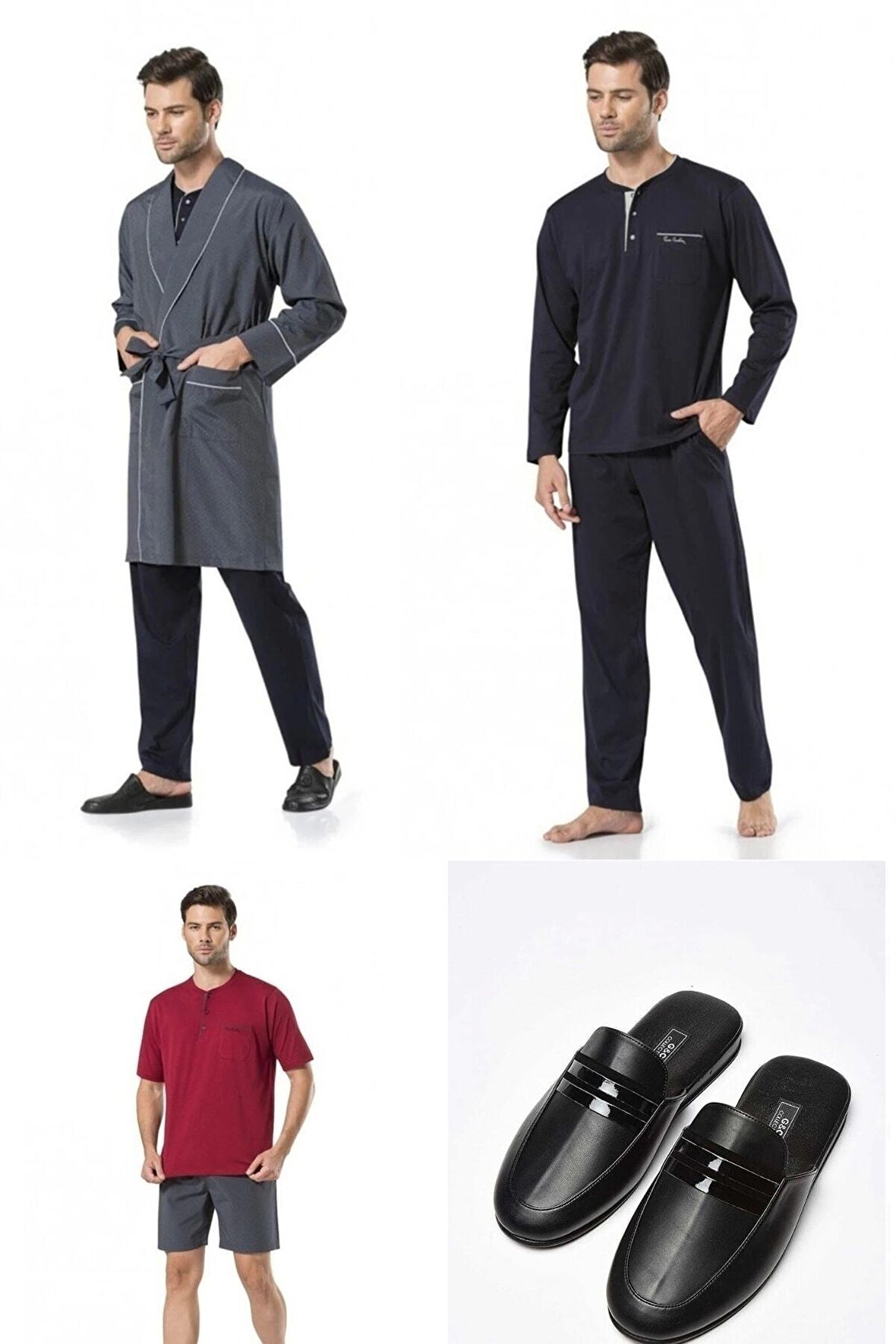 5'li Lacivert Damat Robdöşambr Ve Pijama Takımı Terlik Hediyeli