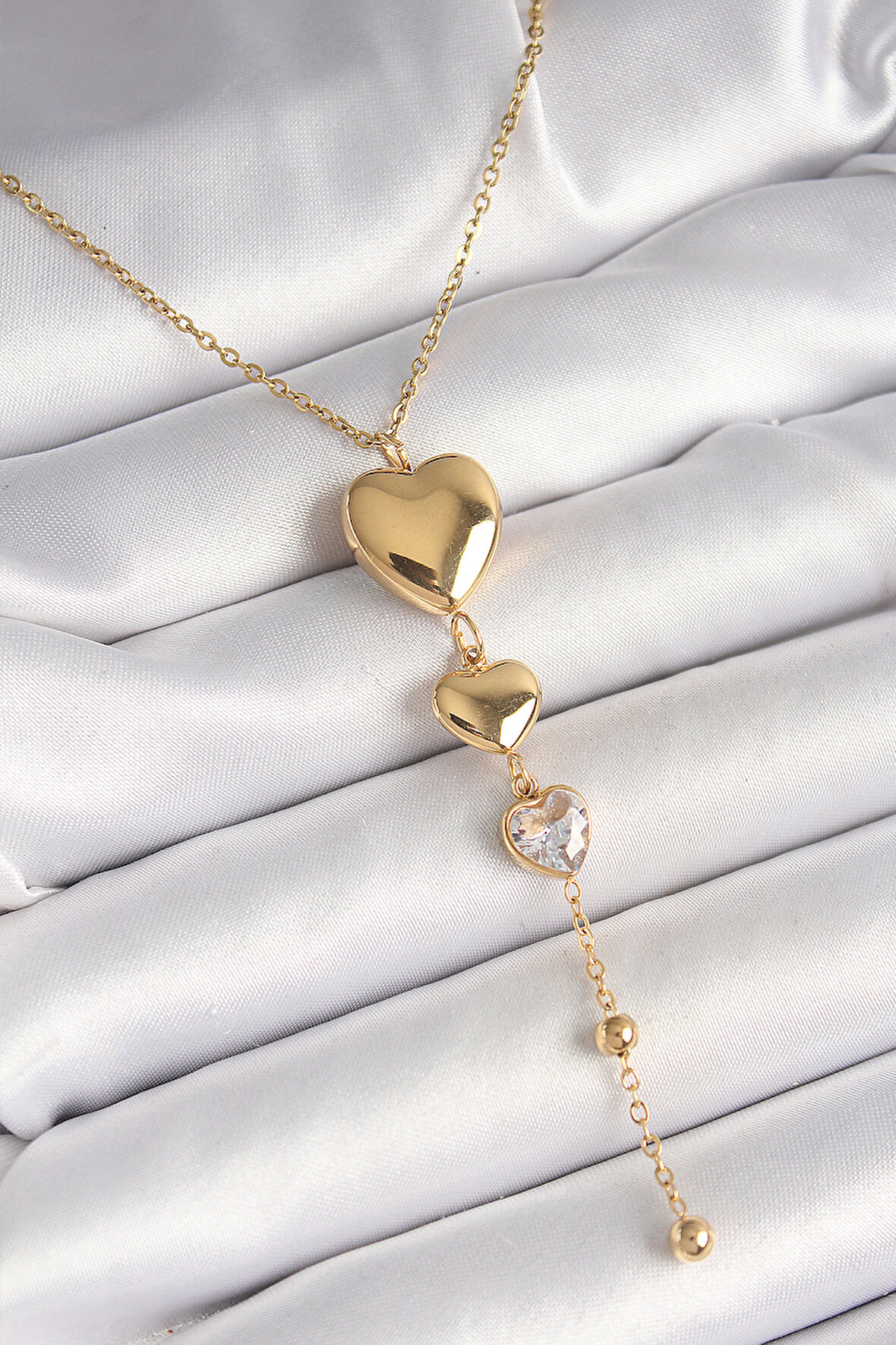 316L Çelik Gold Renk Sallantı Kalp Model Zirkon Taş Detaylı Kadın Kolye - TJ-BKO9934