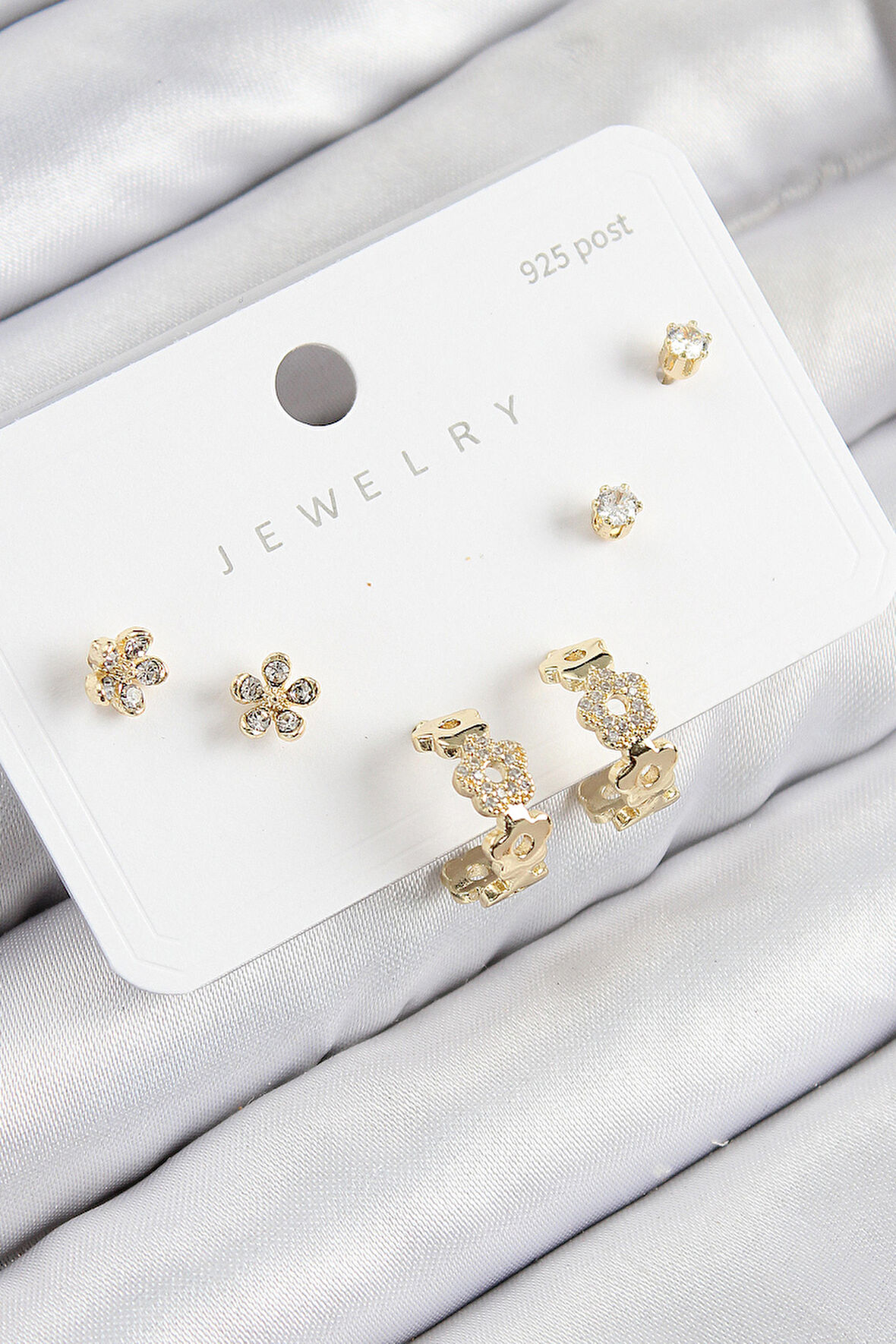 Pirinç Zirkon Taşlı Halka Model Gold Renk 925 Ayar Gümüş Çivi Kadın Küpe Set - TJ-BKP11186
