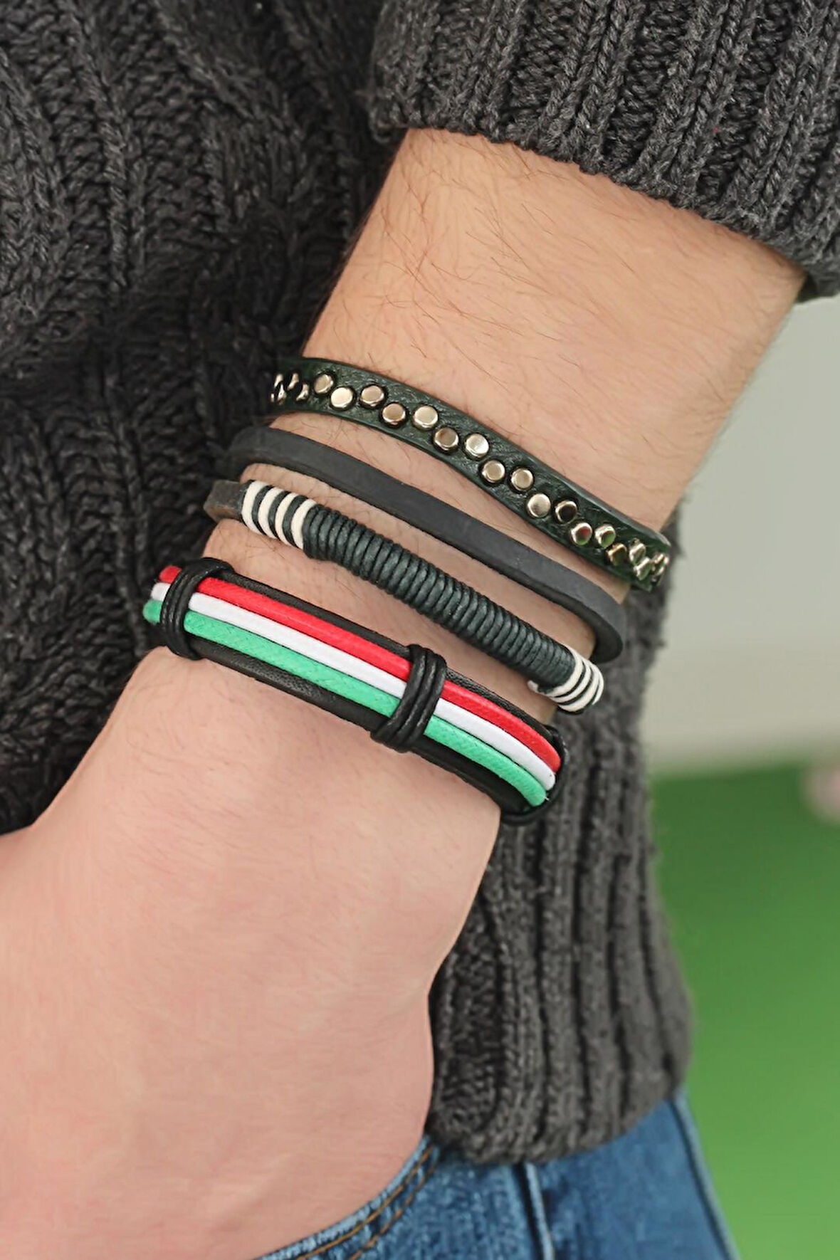 Karışık Renkli Çoklu Deri Erkek Bileklik Kombin - TJ-EB2843