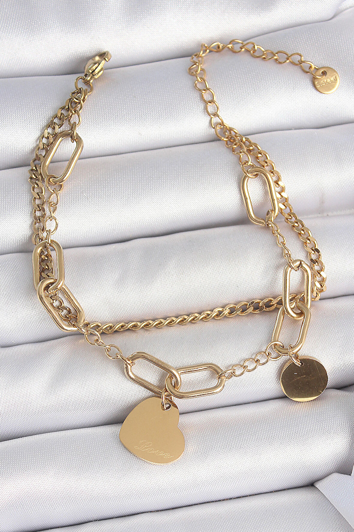 316L Çelik Gold Renk 2'Li Zincir Model Sallantı Kalp Figür Kadın Bileklik - TJ-BB6953