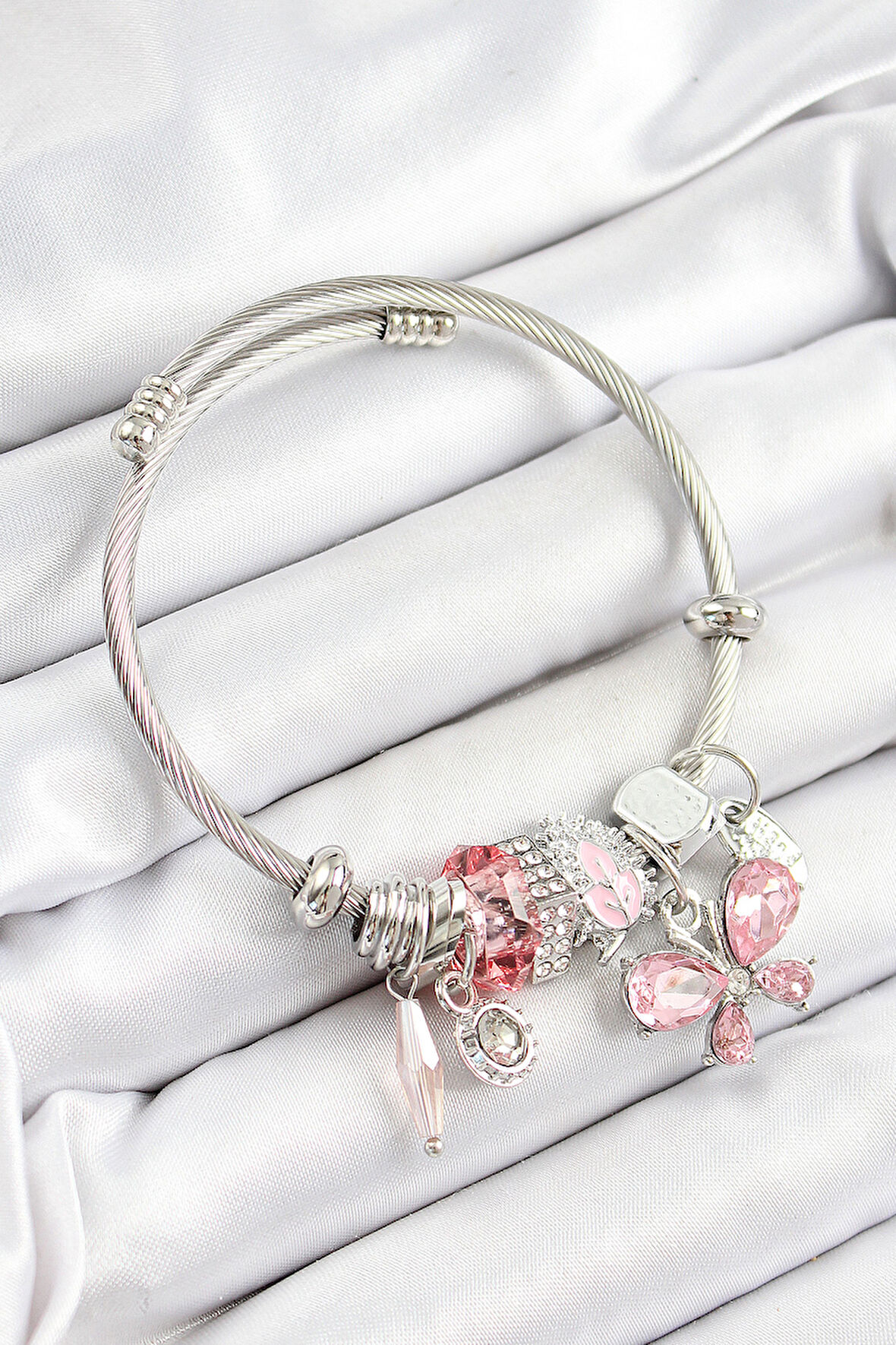 316L Çelik Pembe Zirkon Taşlı Kelebek Model Gümüş Renk Charm Bileklik - TJ-BB7248