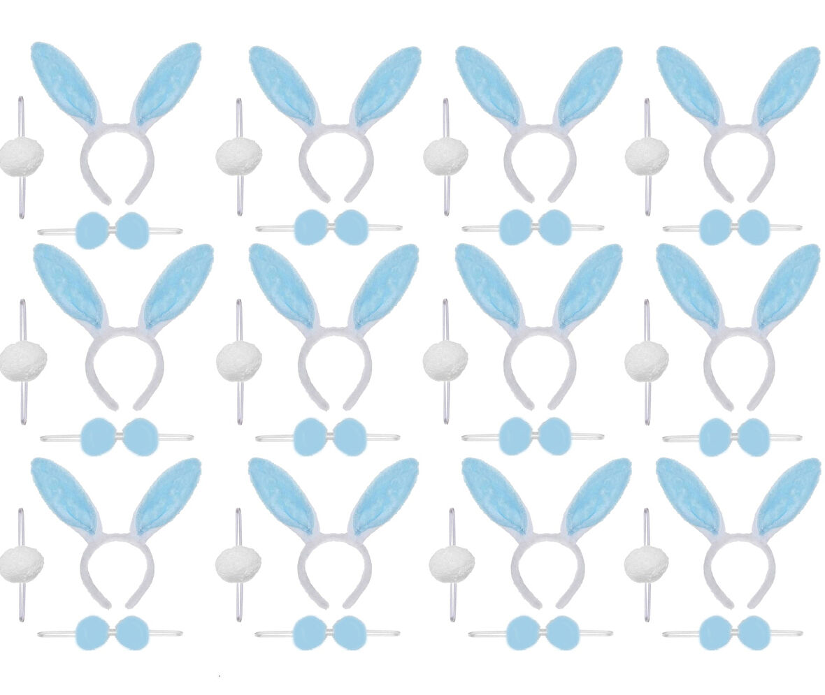 Mavi Tavşan Kostüm Seti – Taç Papyon Ponpon 12 li Paket
