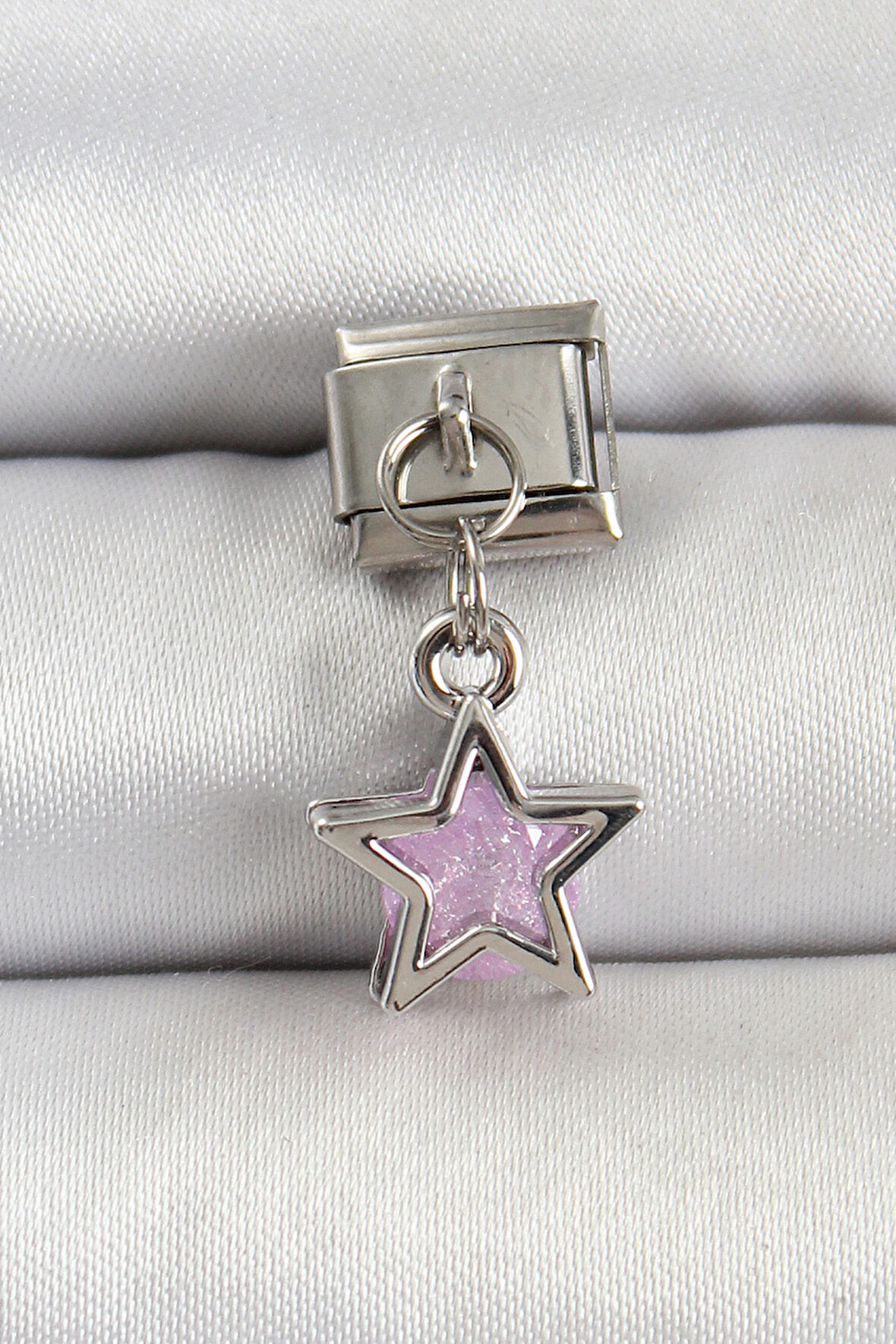 316L Çelik Gümüş Renk Pembe Taşlı Yıldız Model Nomination Charm - TJ-BC1503