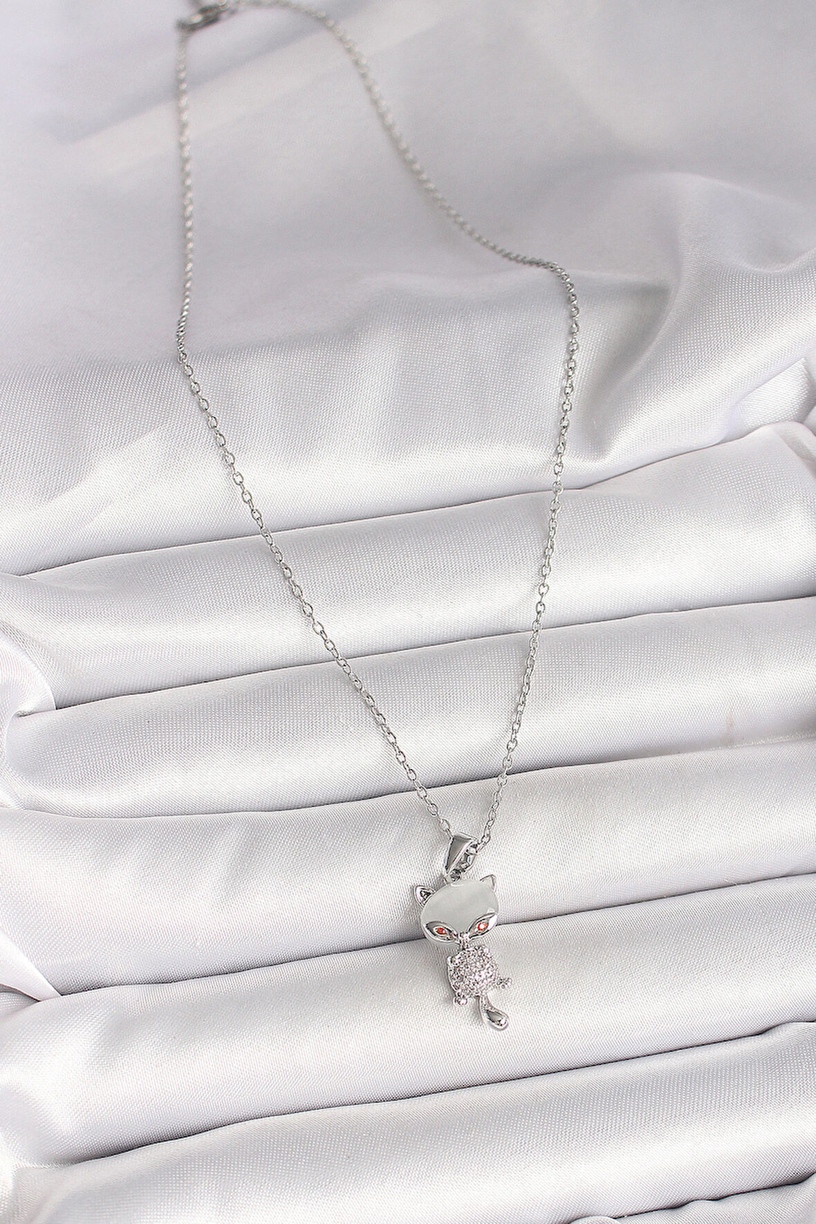 316L Çelik Gümüş Renk Zincir Zirkon Taşlı Kedi Model Kadın Kolye - TJ-BKO9981