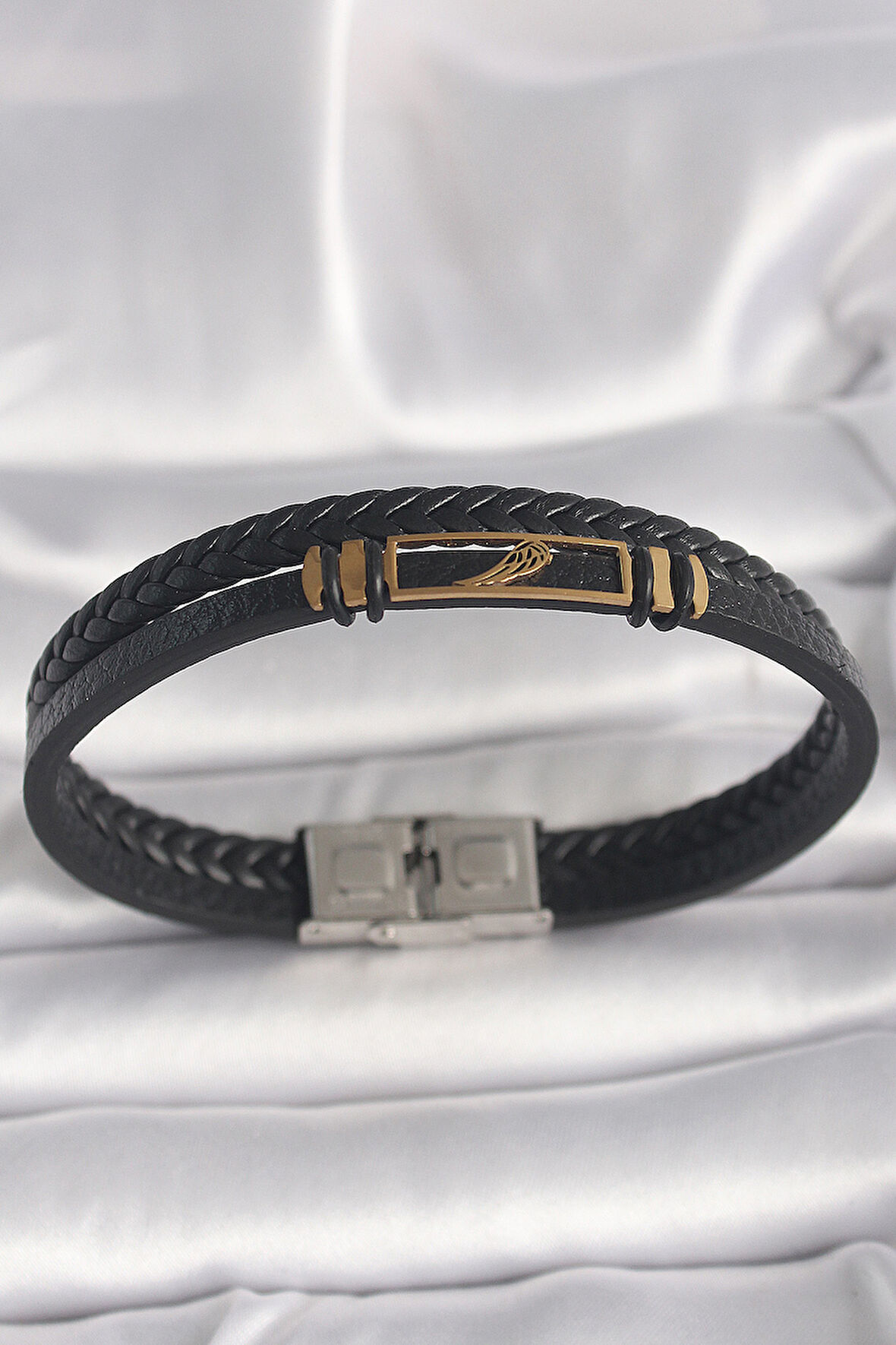 316L Çelik Gold Renk Kanat Aksesuarlı Siyah Burgu Model Deri Kordon Erkek Bileklik - TJ-EB3703
