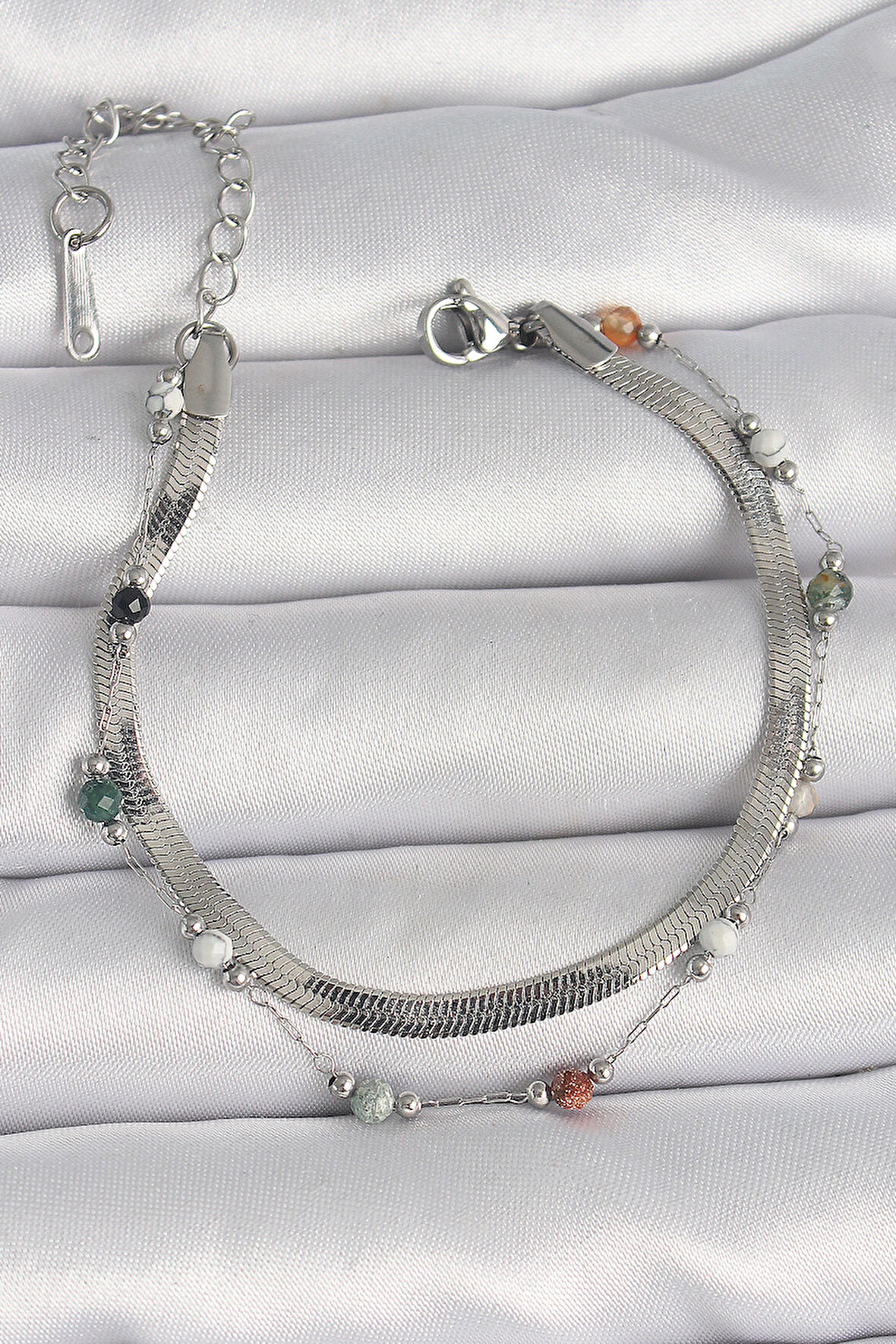 316L Çelik Gümüş Renk 2'li İtalyan Zincir Kristal Taş Detay Kadın Bileklik - TJ-BB6666