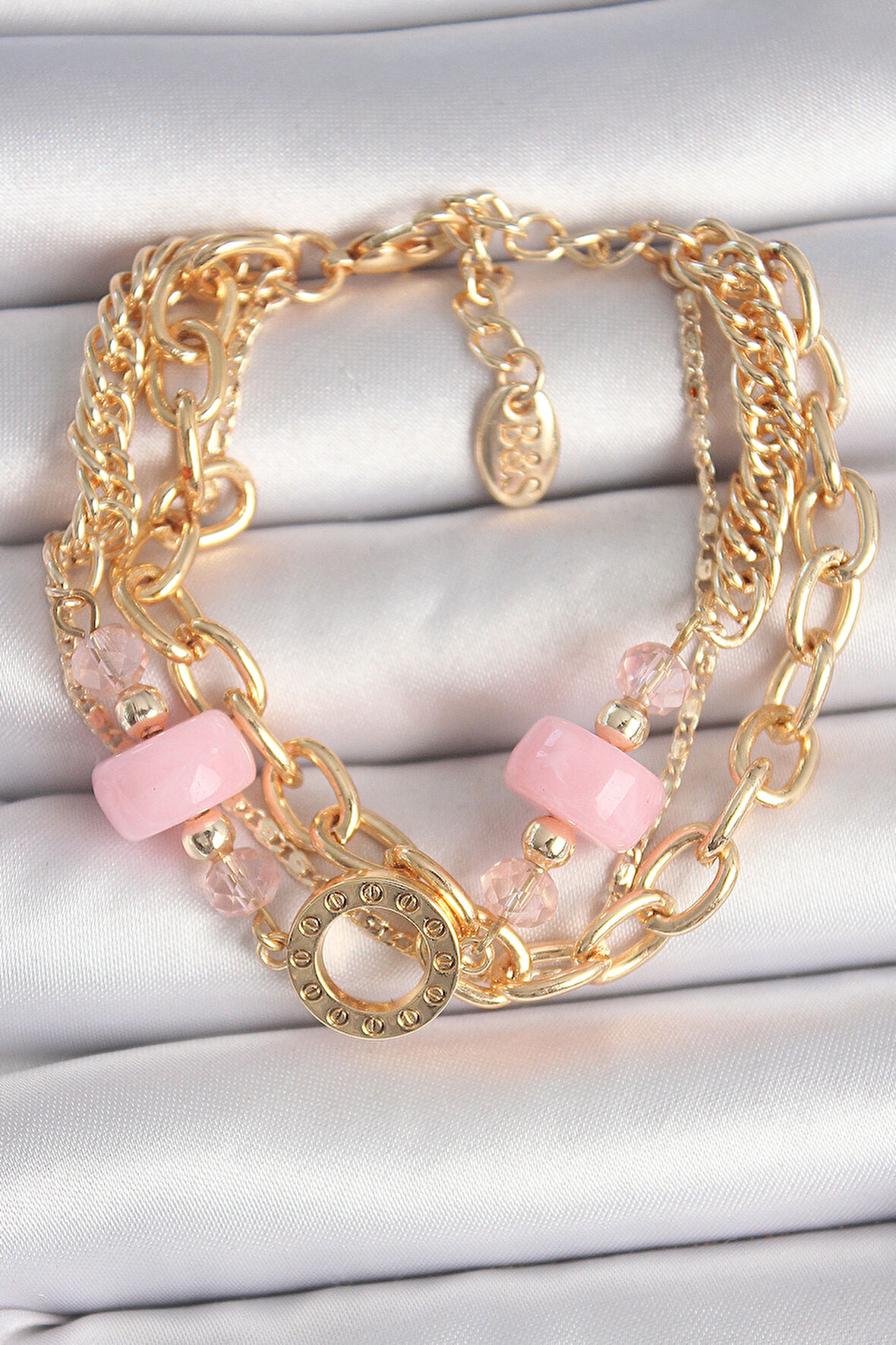 Pirinç Gold Renk Çoklu Pembe Taşlı Kadın Bileklik - TJ-BB6961