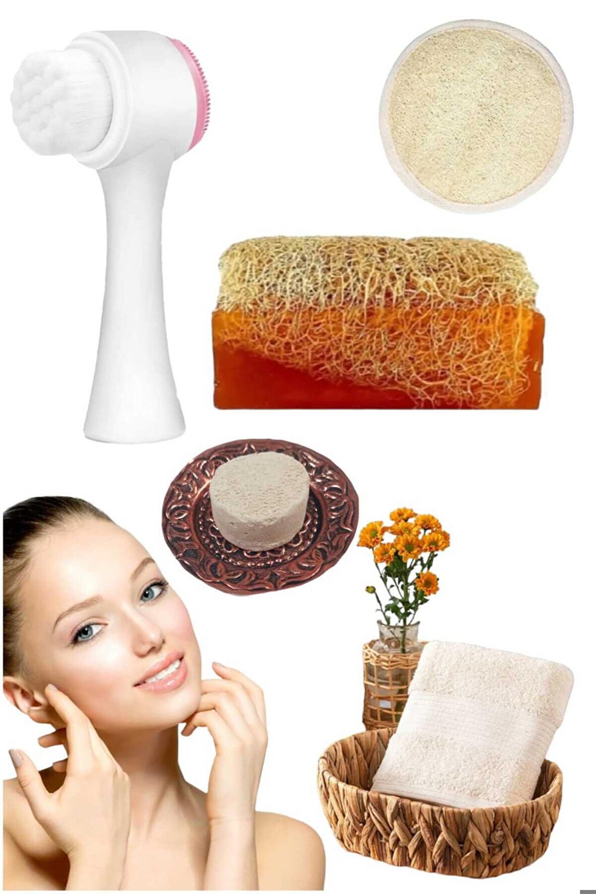 5'li Tüm Cilt Temizleme Kabak Lifli Eşek Sütlü Sabun Gerdirme Beyazlatıcı Peeling Ruşur Taşı Havlu Temizleme Fırçası