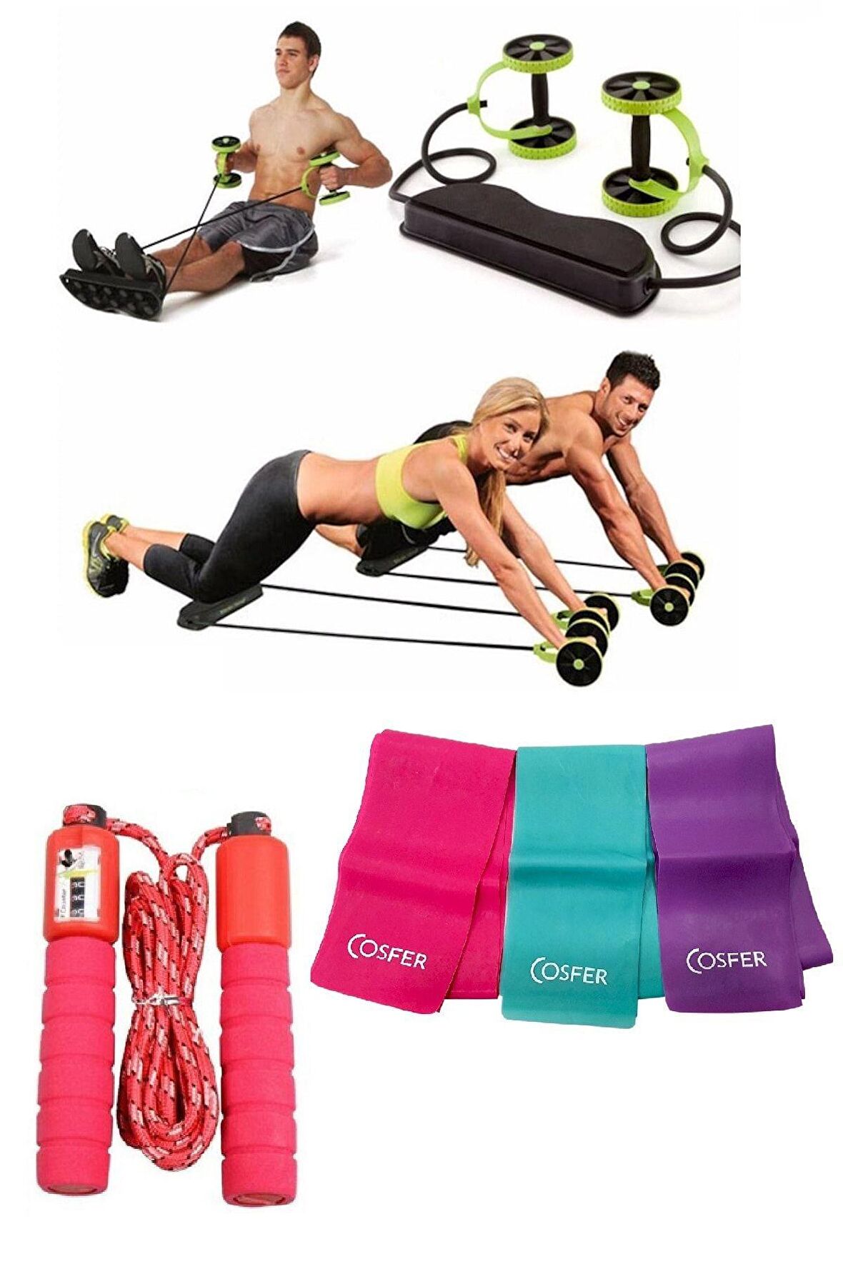 3'lü Set Karın Kası Yapıcı Spor Aleti Kas Germe Güçlendirme 3'lü Pilates Bandı Sayaçlı Atlama Ipi