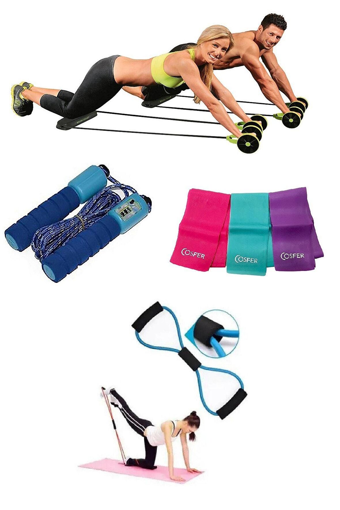 4'lü Set Fitnes Spor Aleti Sayaçlı Atlama Ipi 3'lü Pilates Bandı Seti Direnç Lastiği