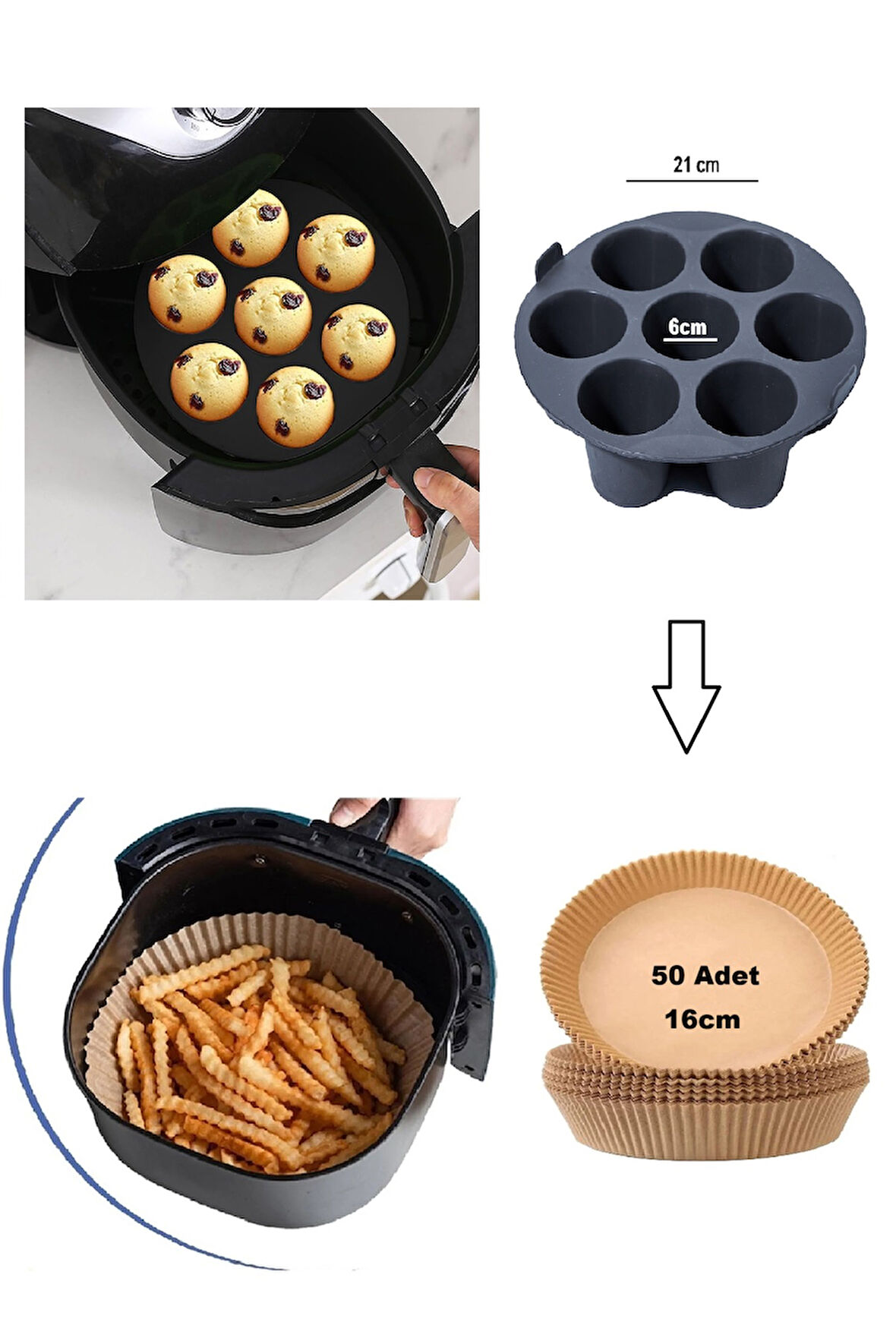 2'li Set 50 Adet AirFryer Yağsız Pişirme Kağıdı Silikon 7 Gözlü Hava Fritözü Muffin Kek Çörek Kalıbı