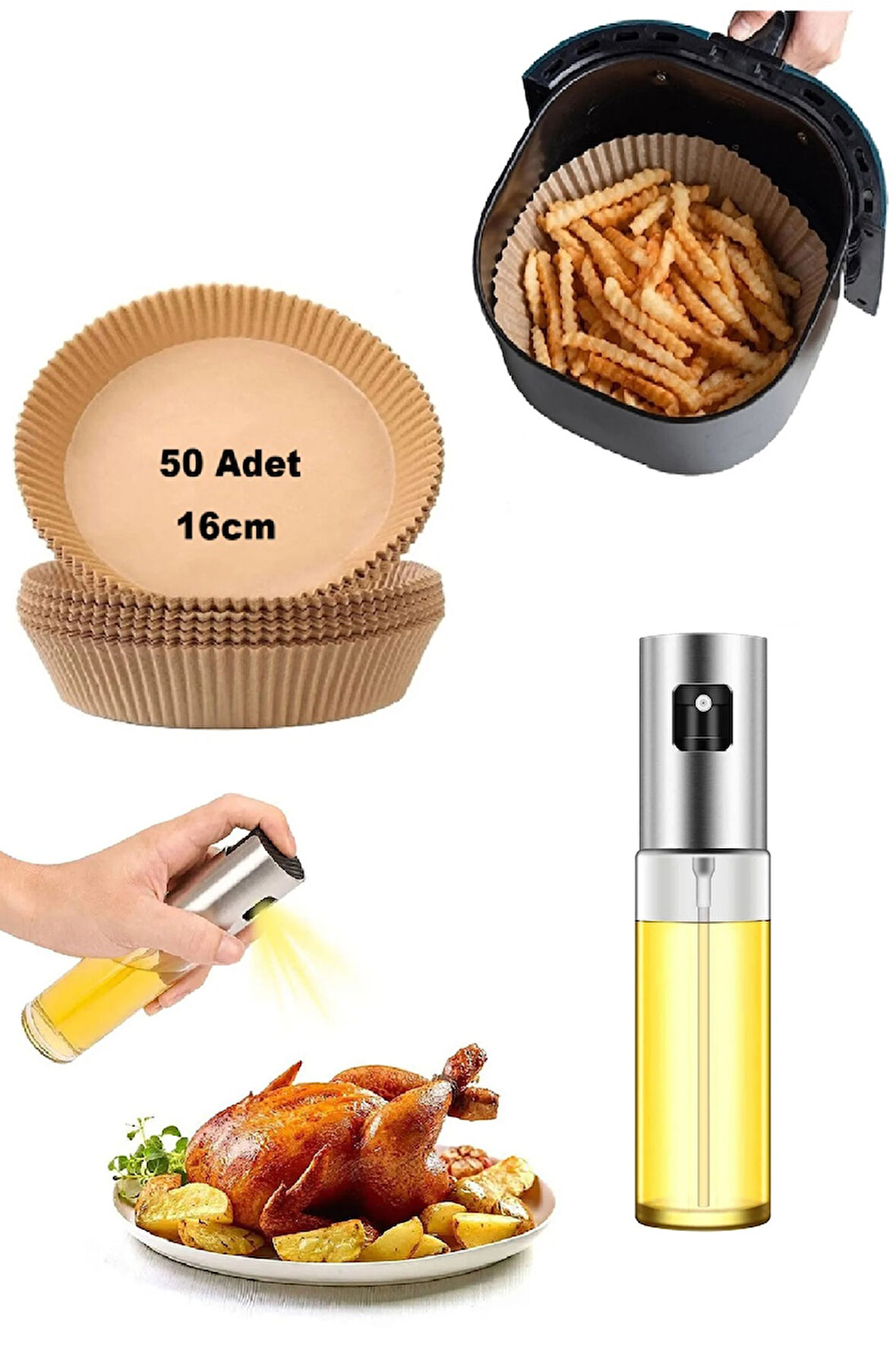 2'li Set 50 Adet AirFryer Yağsız Pişirme Kağıdı Yağ Geçirmez Yanmaz Yapışmaz Tek Kullanımlık Sprey Cam Yağdanlık