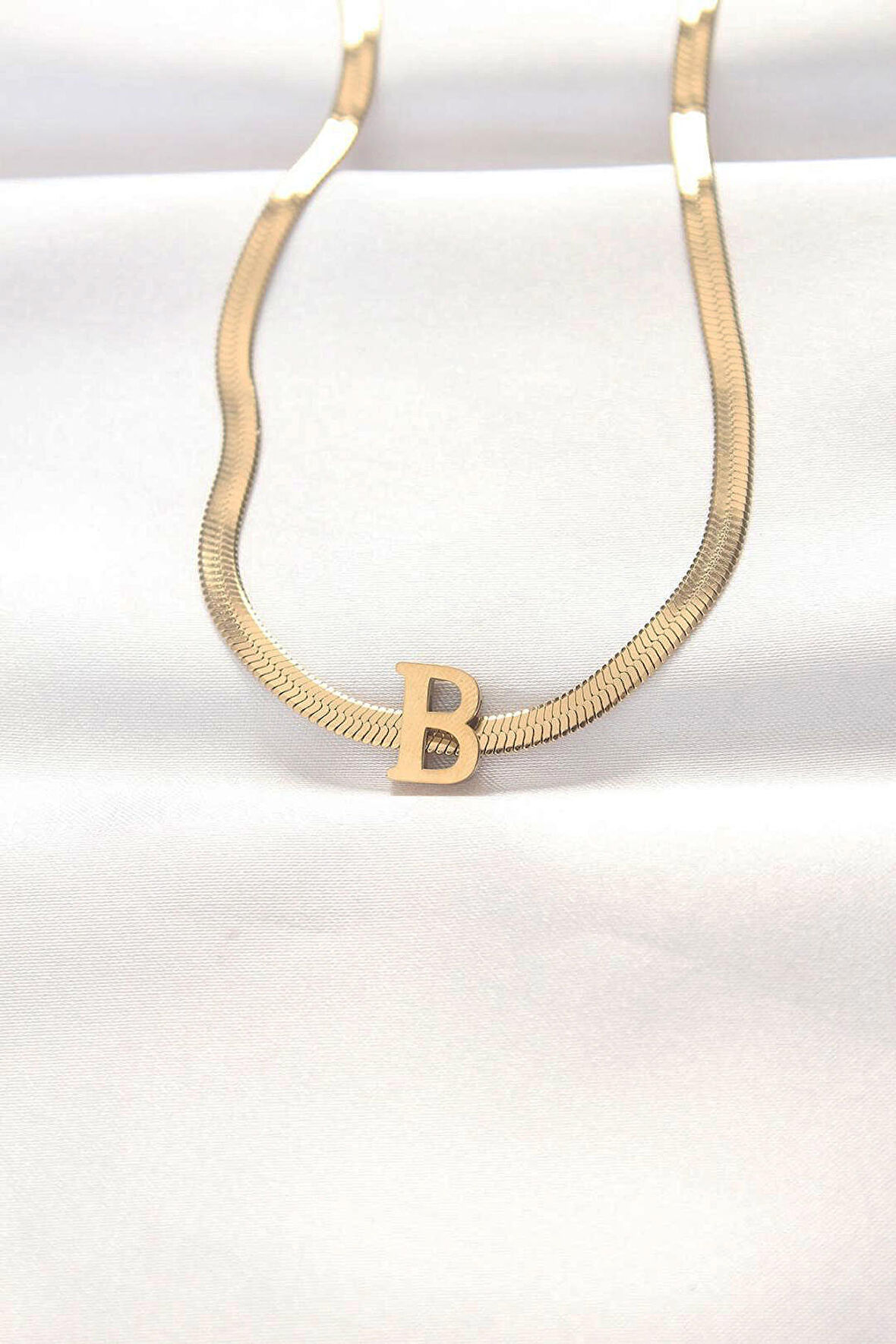 316L Çelik B Harfli Gold Renk İtalyan Zincirli Kolye - TJ-BKO8557