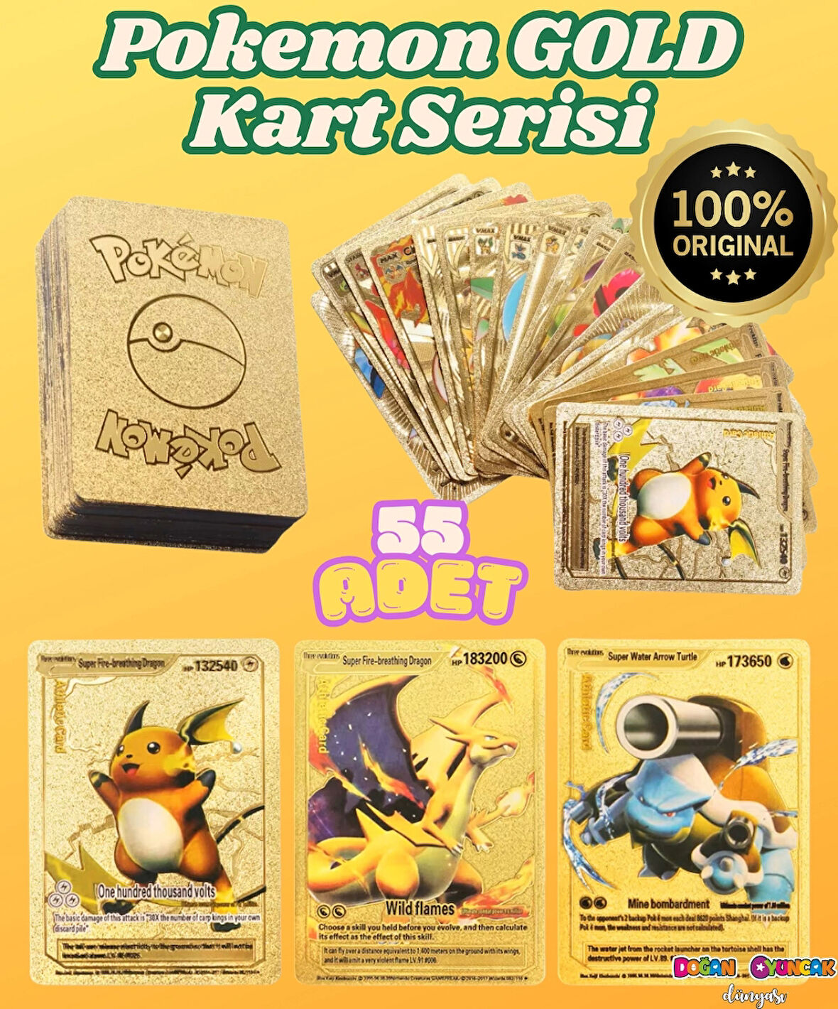 Orijinal Pokemon Kart Gold Serisi 55'li Paket - Pokemon Oyun Kartları - Pikachu Koleksiyonluk Kart