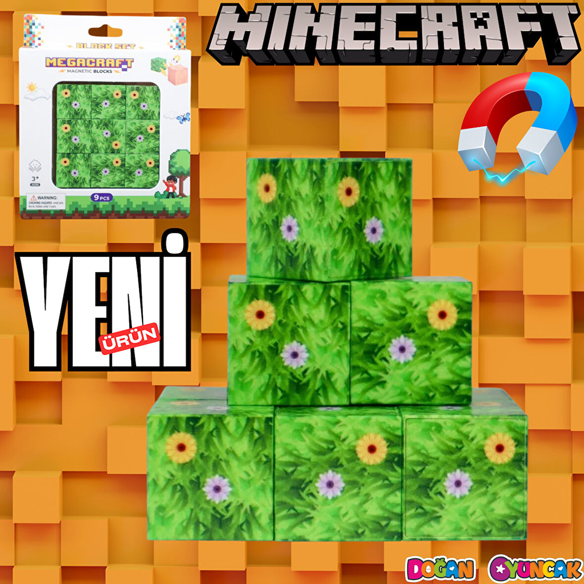 Minecraft Çiçekli Çim Desenli Blok Manyetik Lego Minecraft Manyetik Lego Minecraft Lego Megacraft Lego Seti Megnetic Blocks