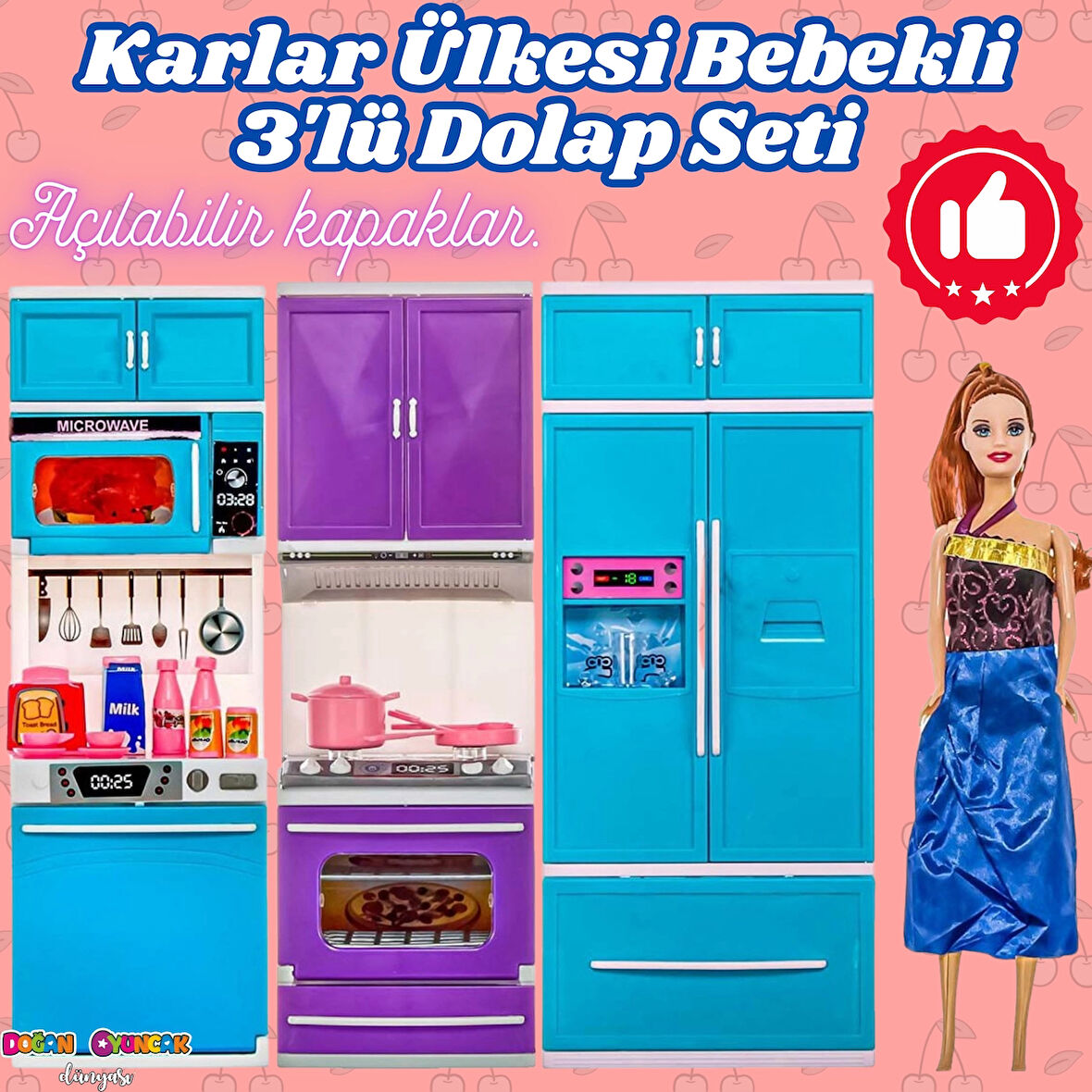 Karlar Ülkesi Bebekli Üçlü Mutfak Seti - Frozen Modern Mutfak Seti - Işıklı Sesli Mutfak Oyuncak - Fırın, Buzdolabı, Bulaşık