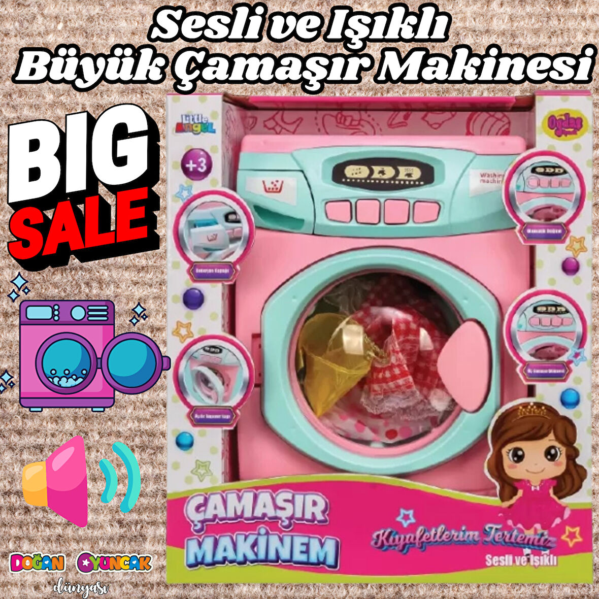 Büyük Pilli Neşeli Çamaşır Makinesi - Pilli Oyuncak Çamaşır Makinesi - Çamaşır Makinesi Oyuncak - Işıklı Sesli Makine