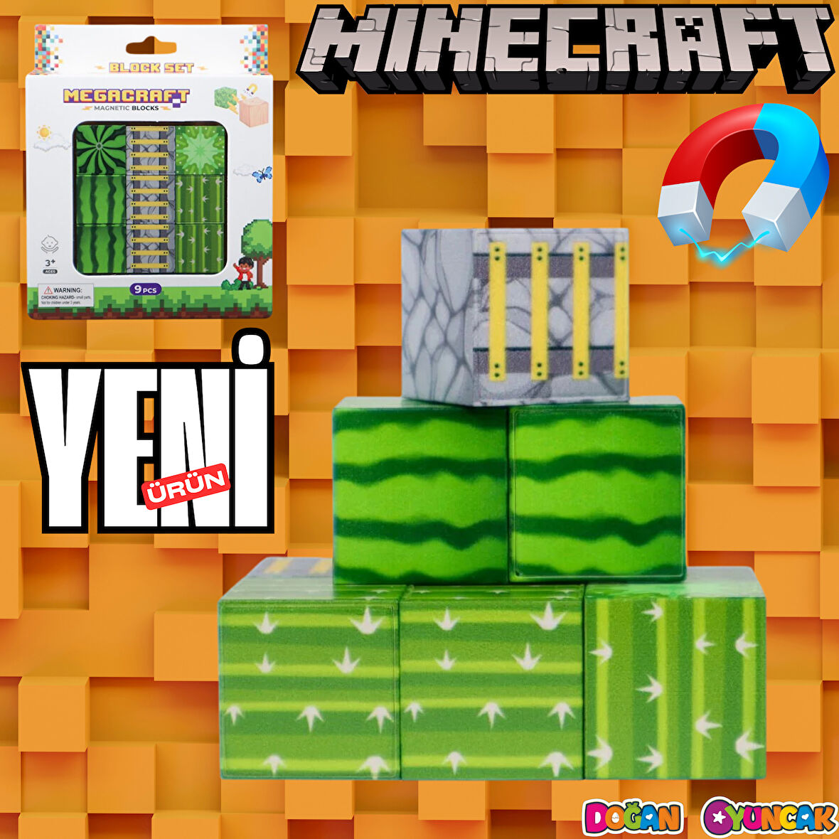 Minecraft Karpuz, Merdiven ve Kaktüs Desenli Blok Manyetik Lego Minecraft Manyetik Lego Minecraft Lego Megacraft Lego Seti Megnetic Blocks