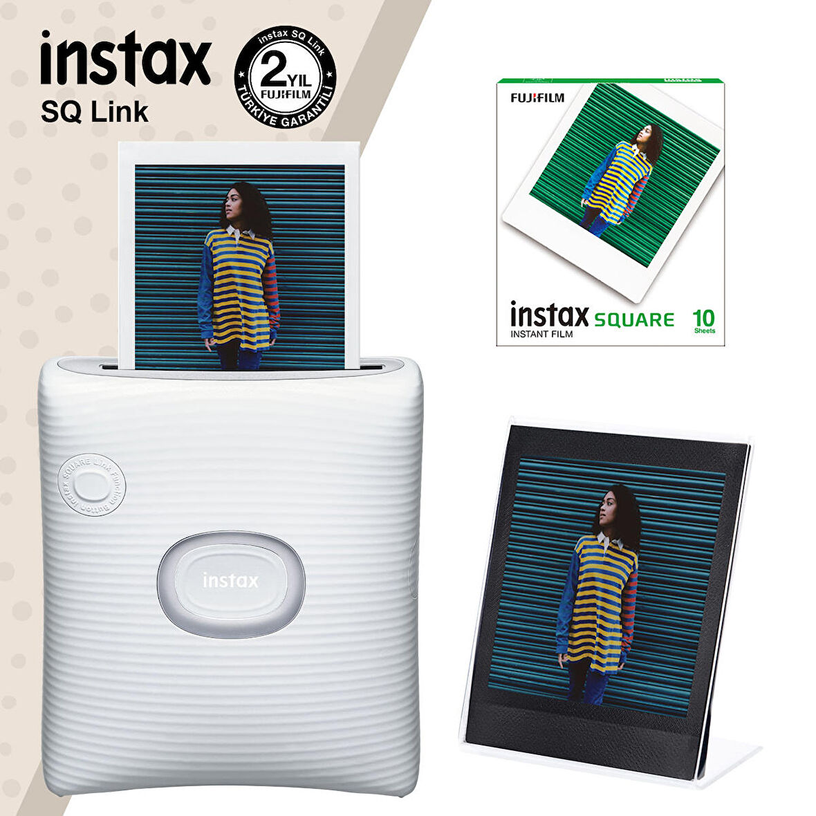 Instax SQ Link Beyaz Yazıcı 10lu Square Film ve Pleksi Çerçeve