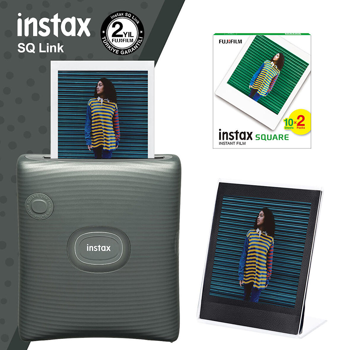 Instax SQ Link Yeşil Yazıcı 20li Square Film ve Pleksi Çerçeve