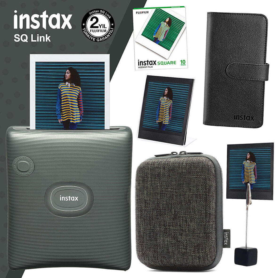 Instax SQ Link Yeşil Yazıcı 10lu Square Film Kılıf Albüm Pleksi Çerçeve ve Kıskaçlı Stand