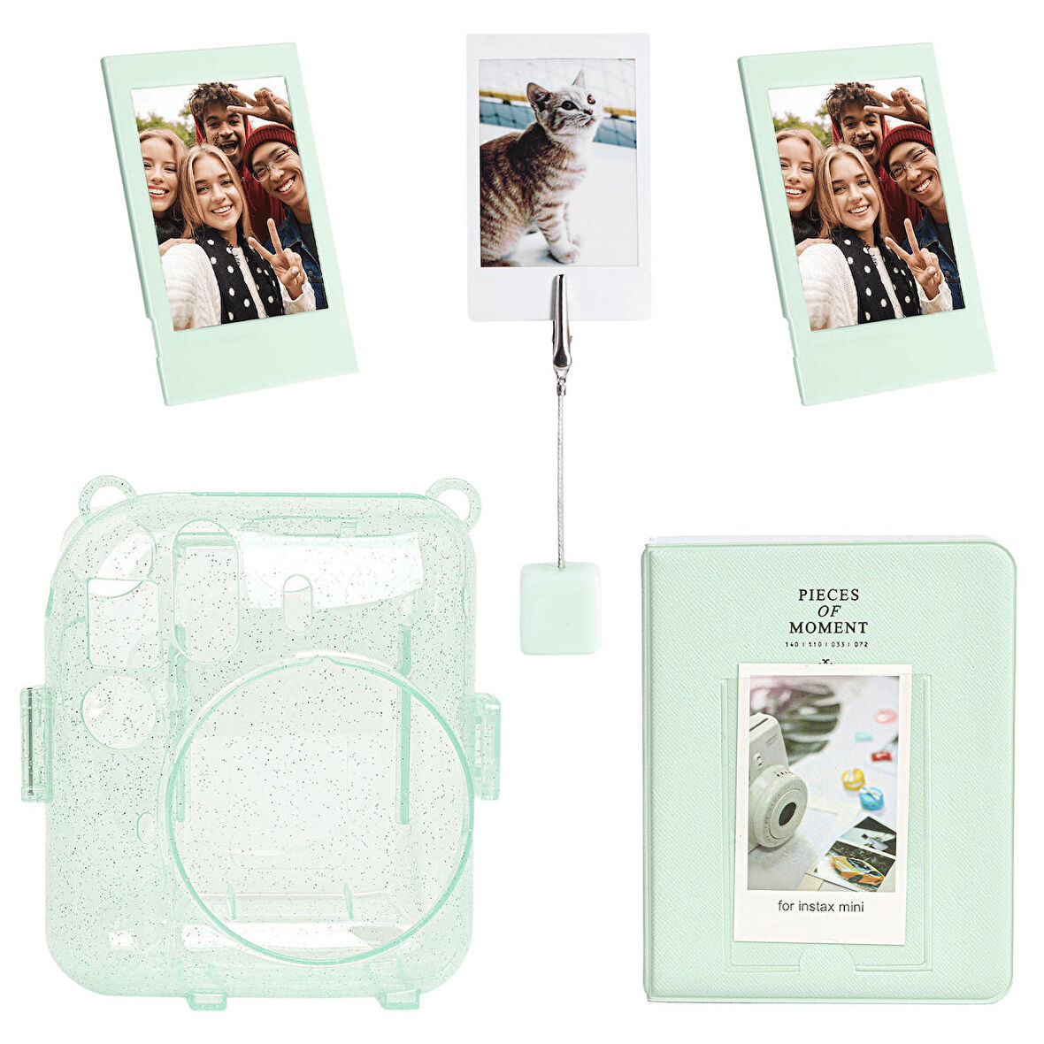 Instax mini 12 Simli Şeffaf Yeşil Kılıf Pvc 64'lü Albüm ve Fotoğraf Çerçeveleri Aksesuar Seti